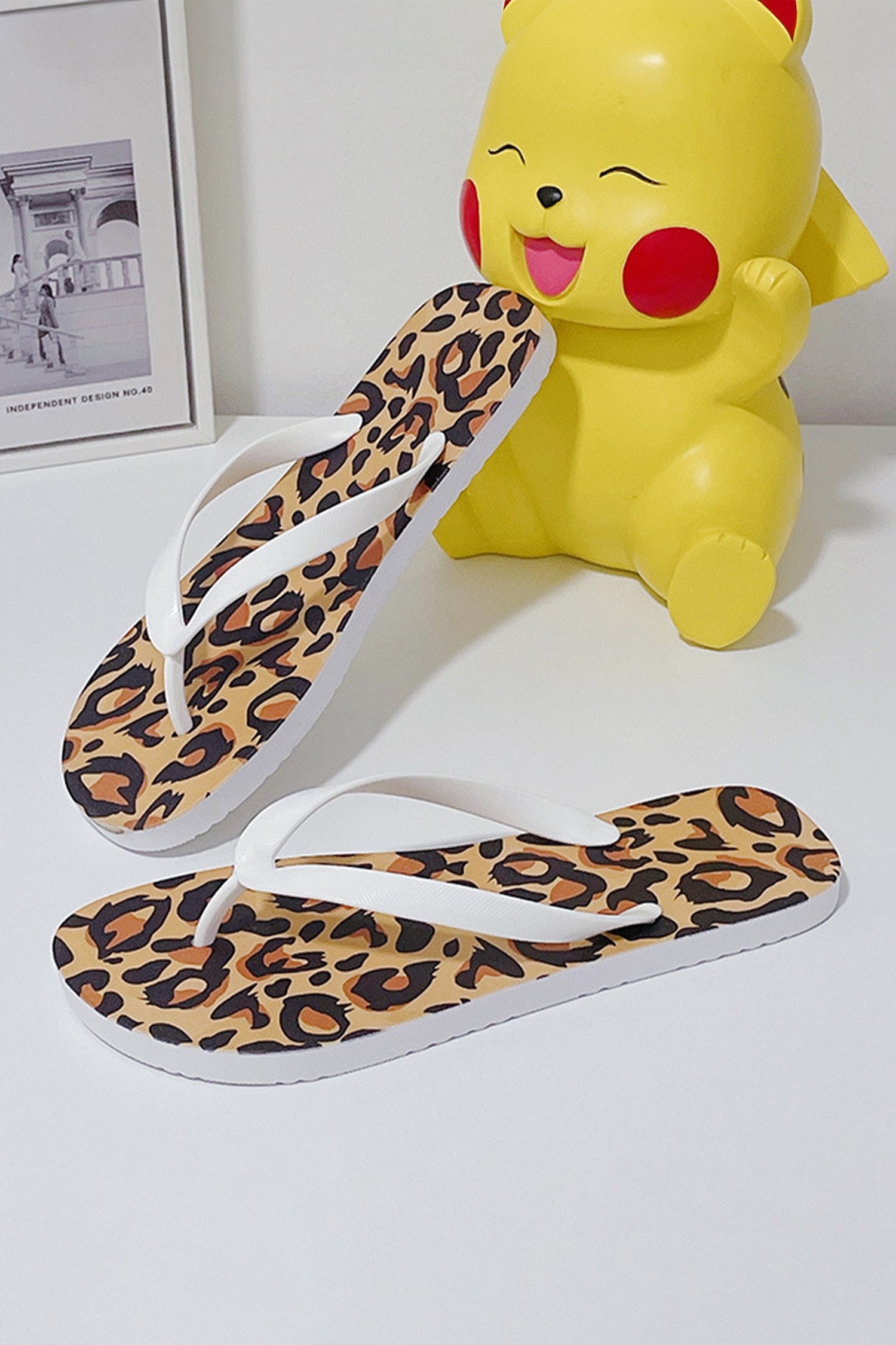 White Leopard Print Non-Slip Soft Cushioned Flip Flops