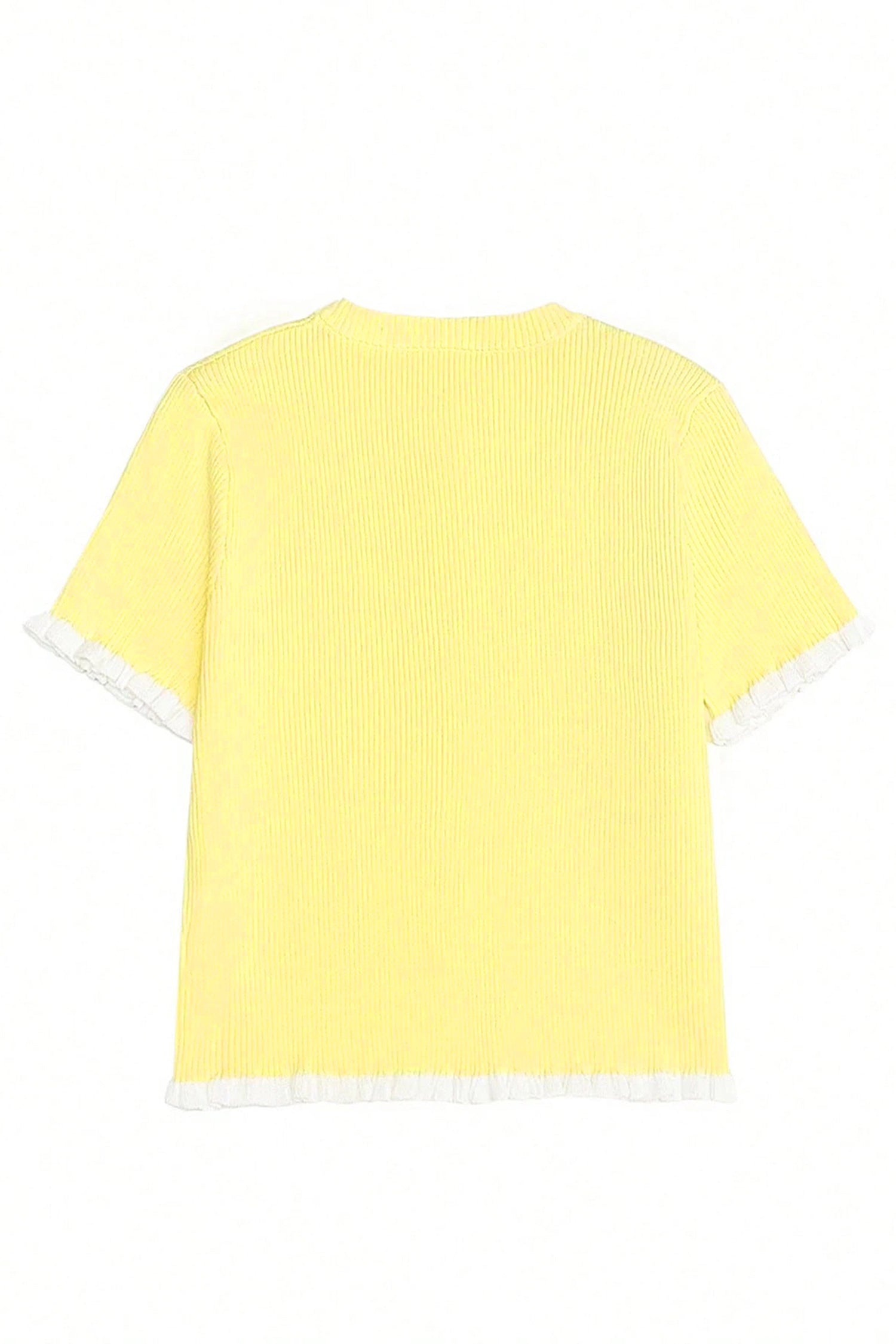 Yellow Cream Ribbed Knit Contrast Frilled Short Sleeve Sweater Cardigan