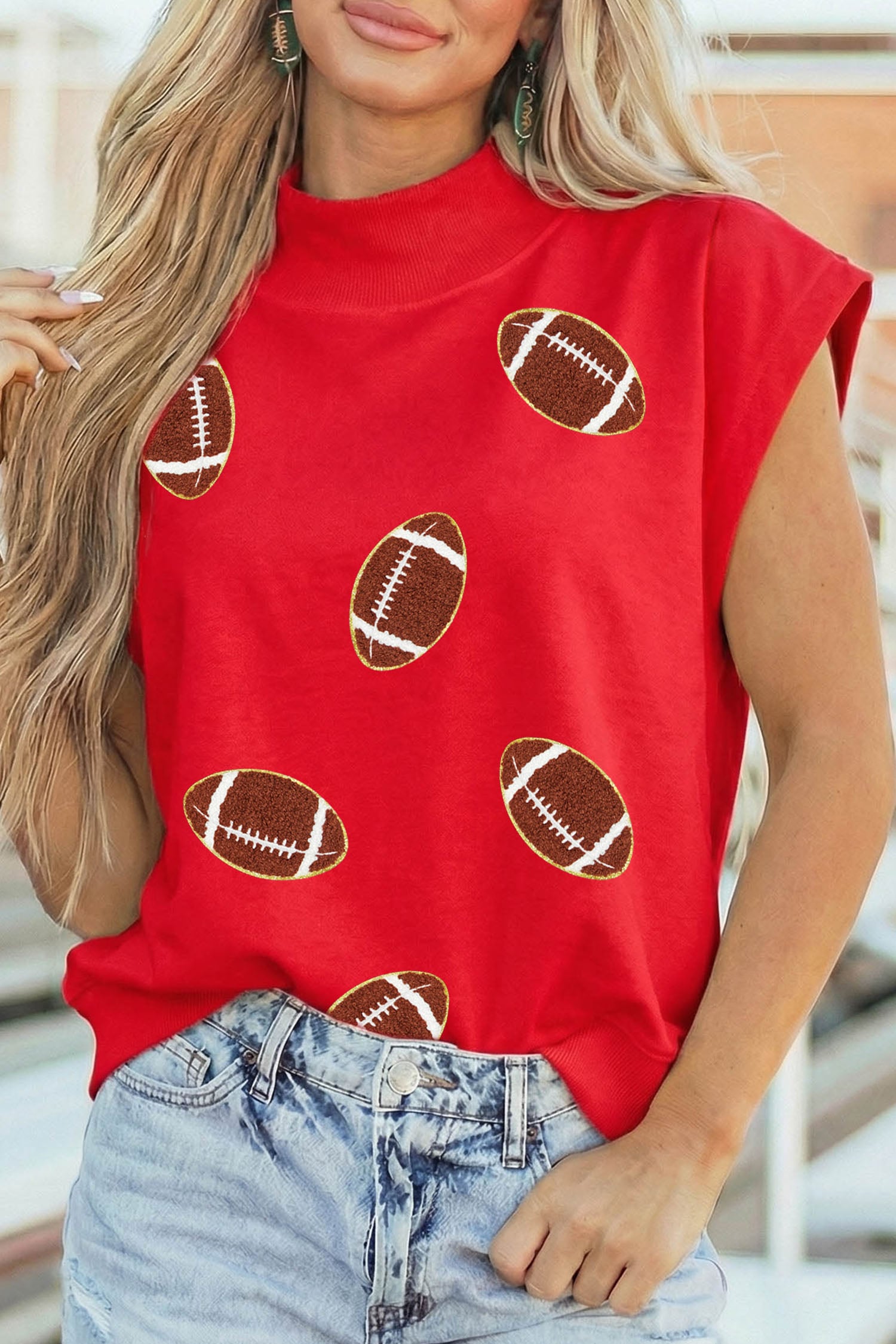Racing Red Chenille Rugby Graphic Short Sleeve High Neck Top