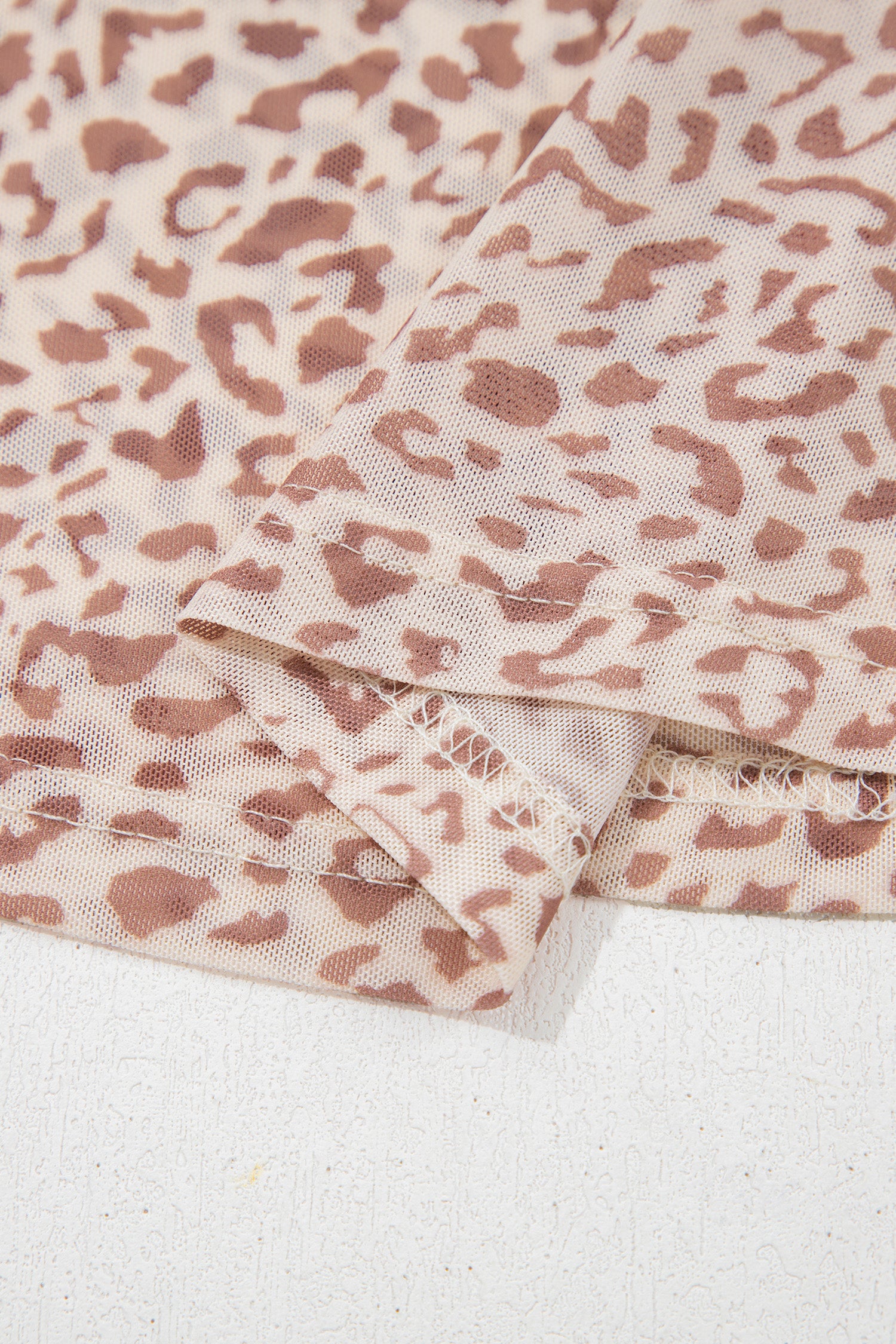 Brown Leopard Print Foldover Off Shoulder Long Sleeve Mesh Top
