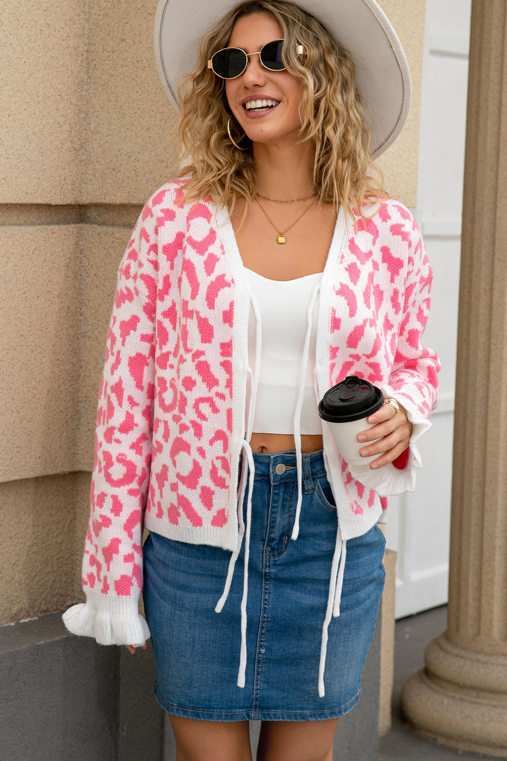 Pink Leopard Print Tie Front Frilled Cuffs Drop Shoulder Sweater Cardigan