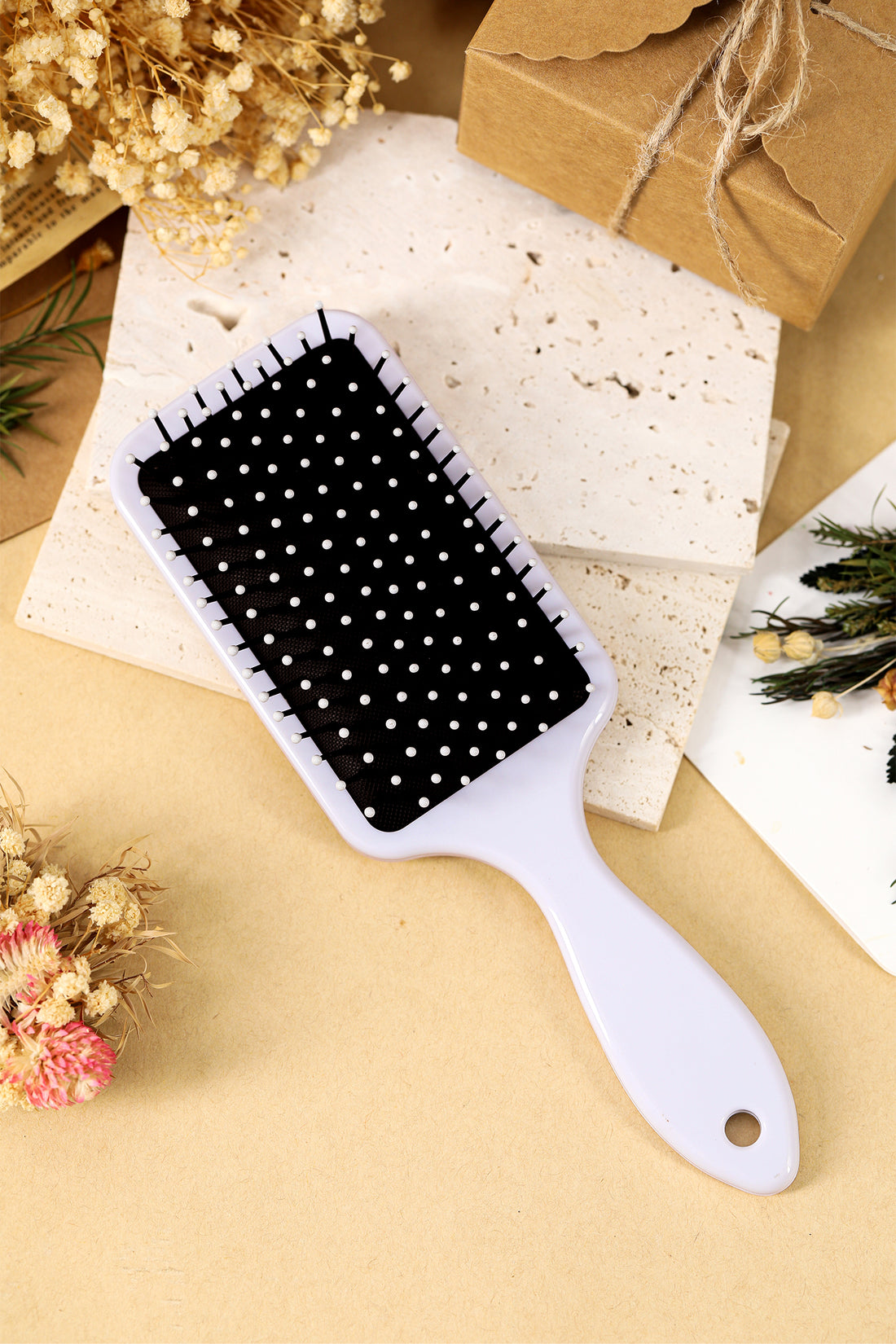 White Leopard Bow Cherry Print Large Detangle Paddle Hair Brush