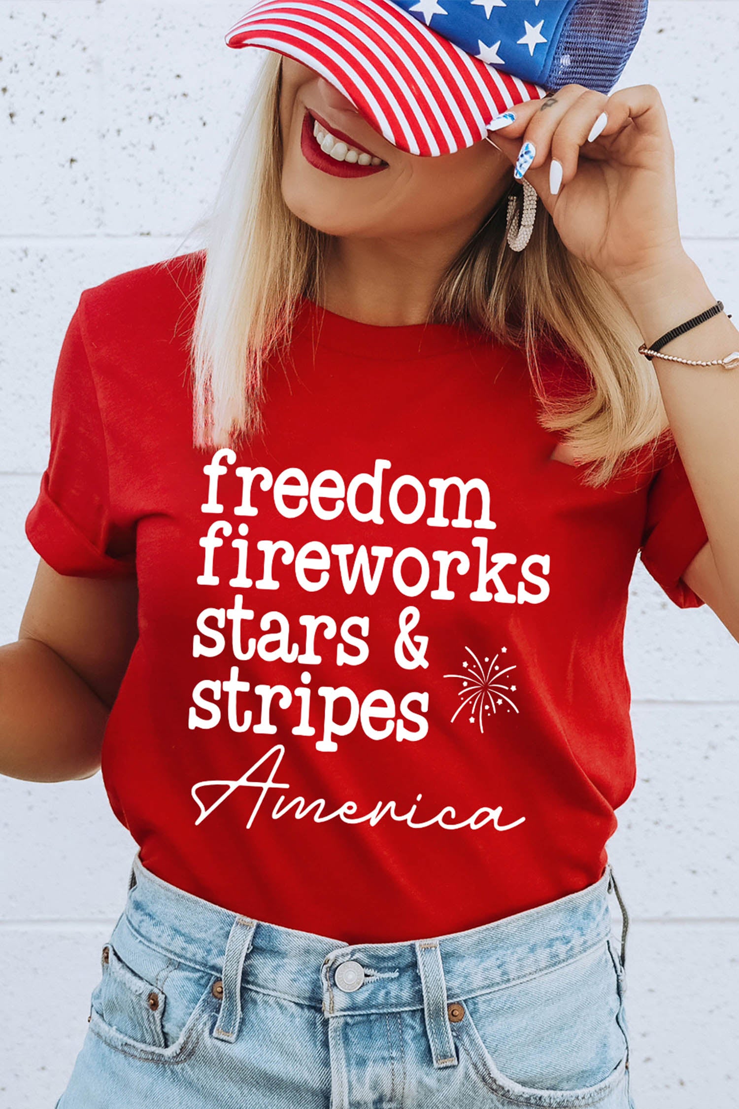 Red Freedom Fireworks American Patriotic Slogan Printed T Shirt