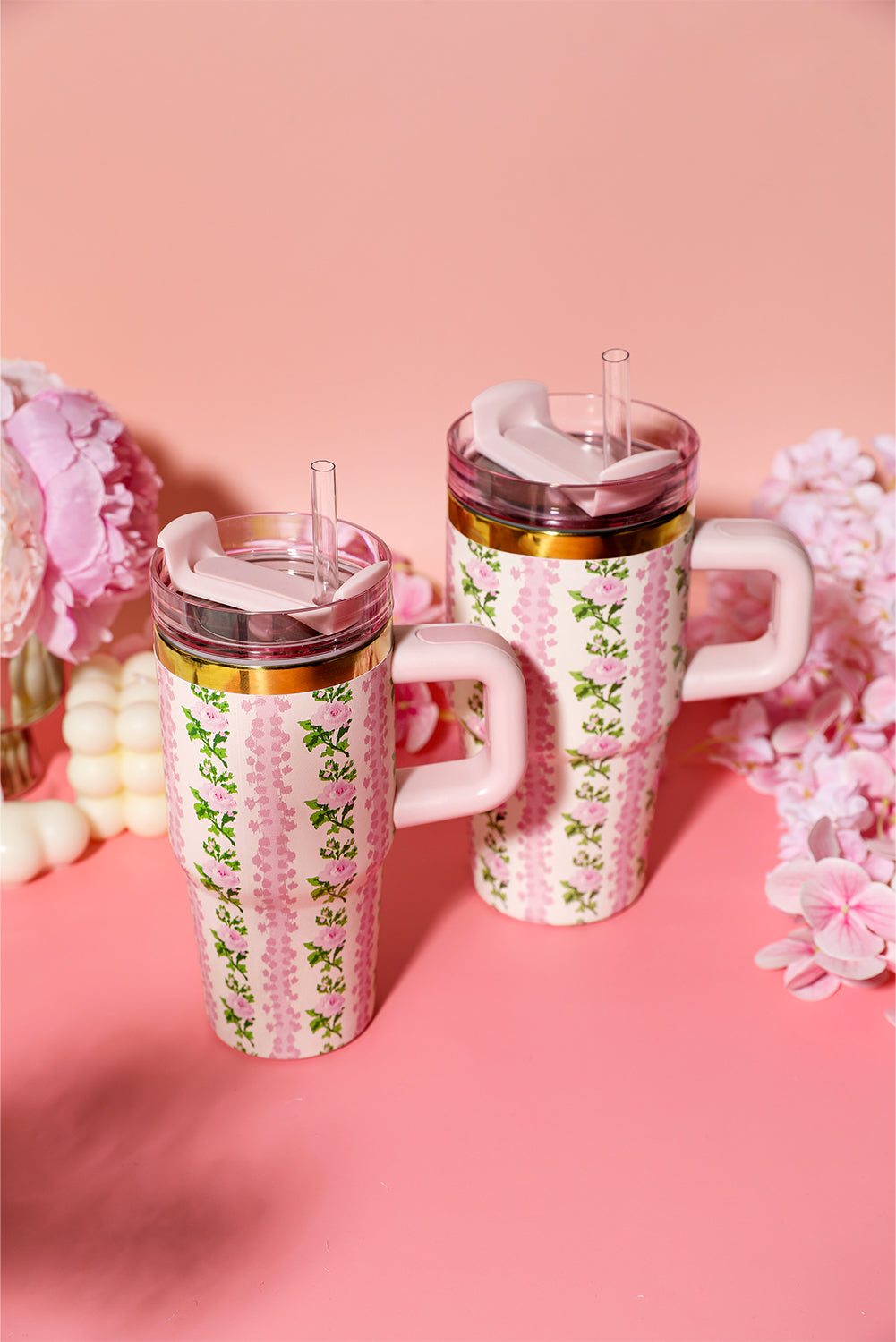 Pink 14/20 OZ Dainty Floral Print Stainless Steel Tumbler with Straw