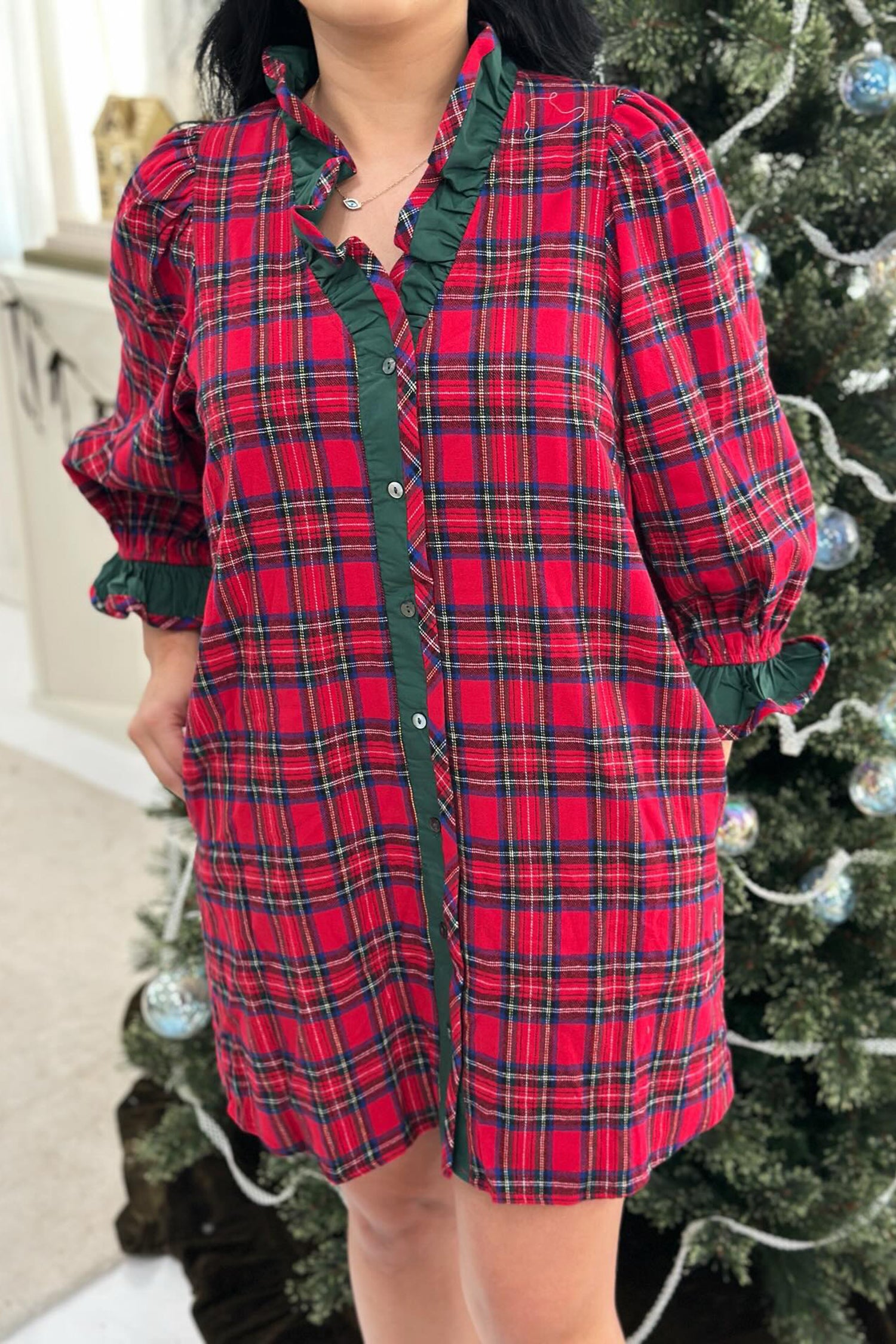 Red Plaid Ruffle Cuff Button Front Pocket Mini Dress