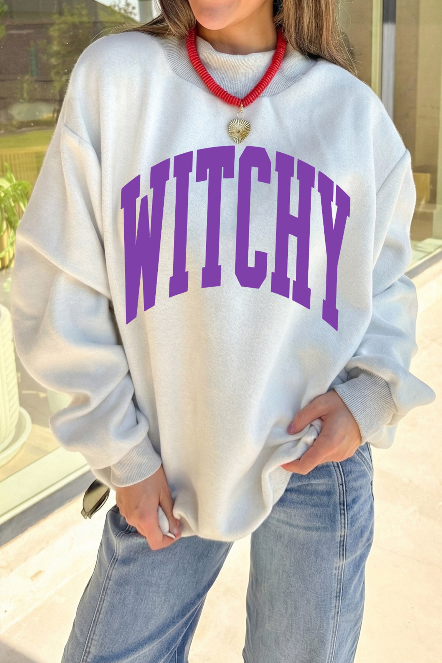 Light Grey Halloween Slogan Print Mock Neck Reversible Sweatshirt
