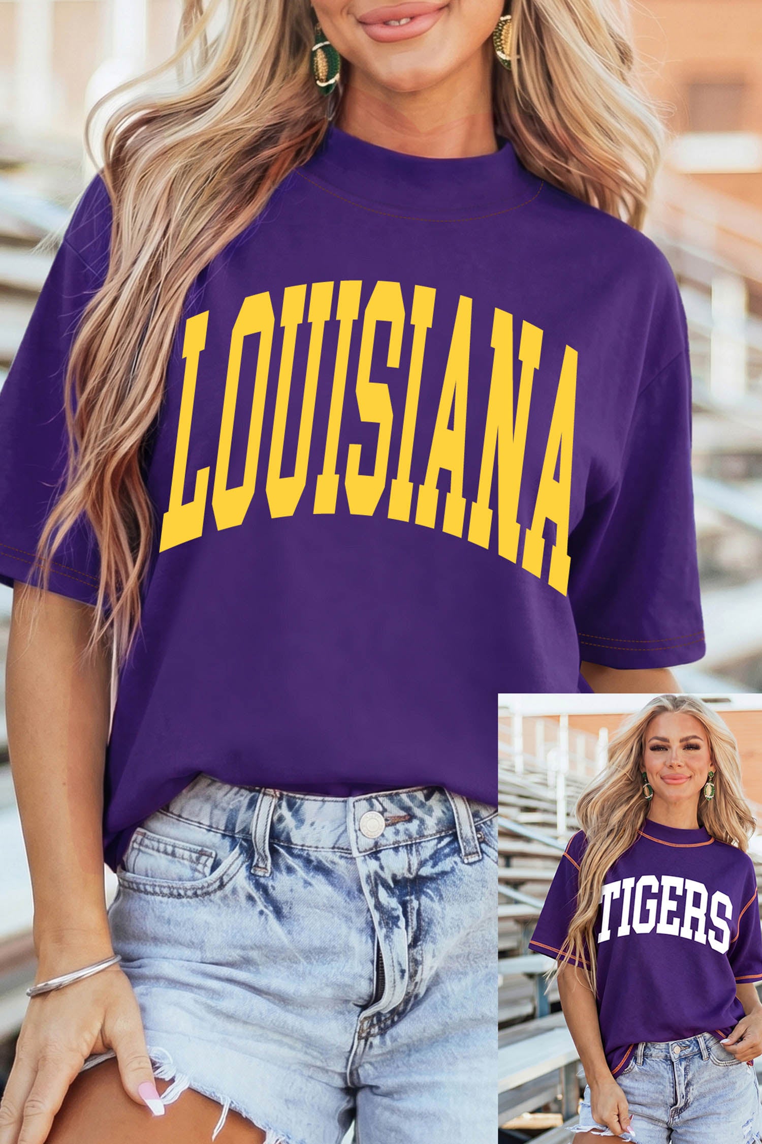 Tillandsia Purple LOUISIANA/ TIGERS Double Side Printed High Neck Reversible Casual Tee