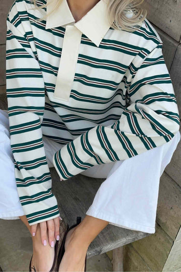 Green Stripe Retro Loose Fit Contrast Collar Long Sleeve Top