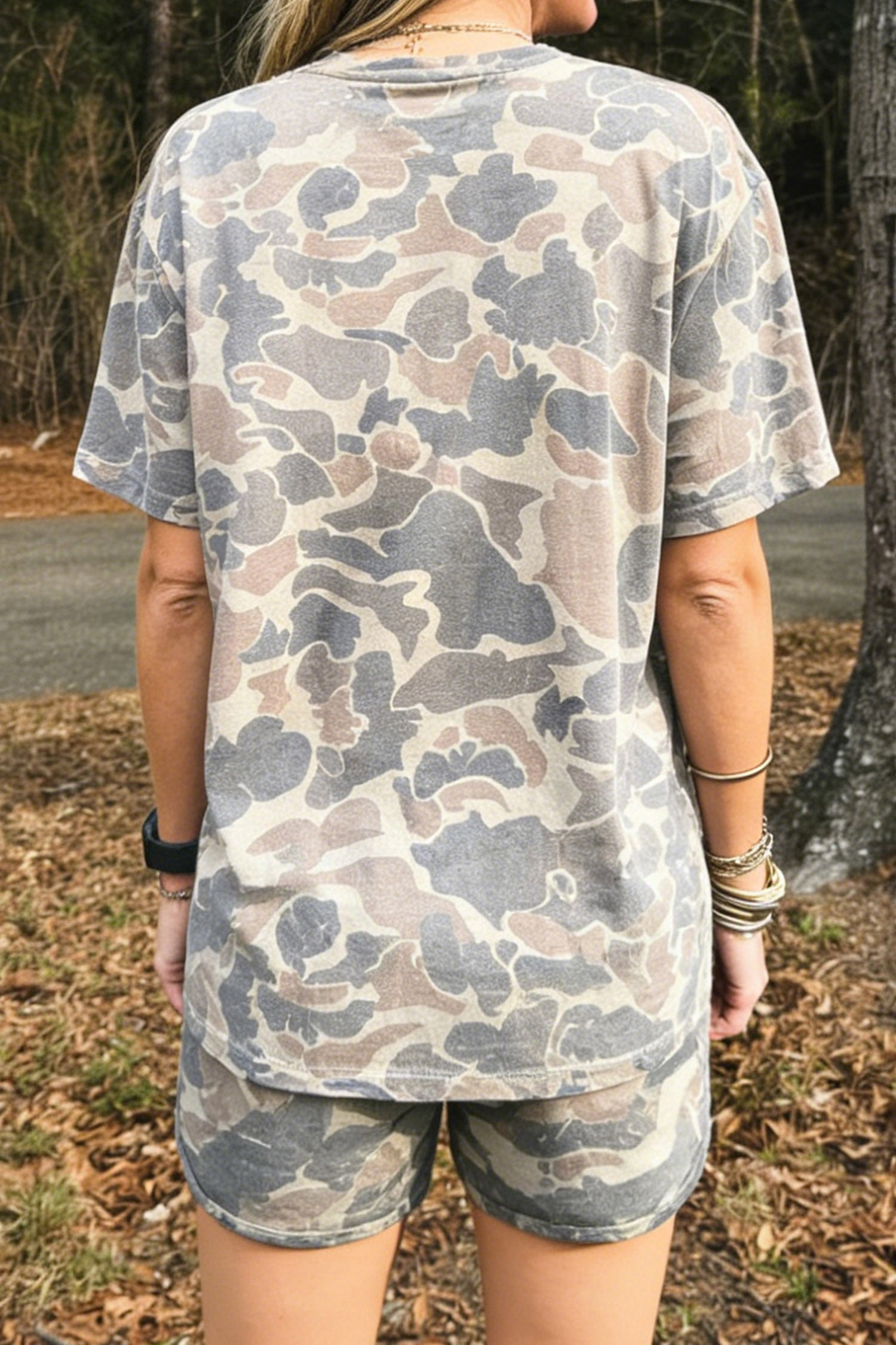 Multicolour Camouflage HOWDY Letter Print Relaxed Tee Drawstring Shorts Set