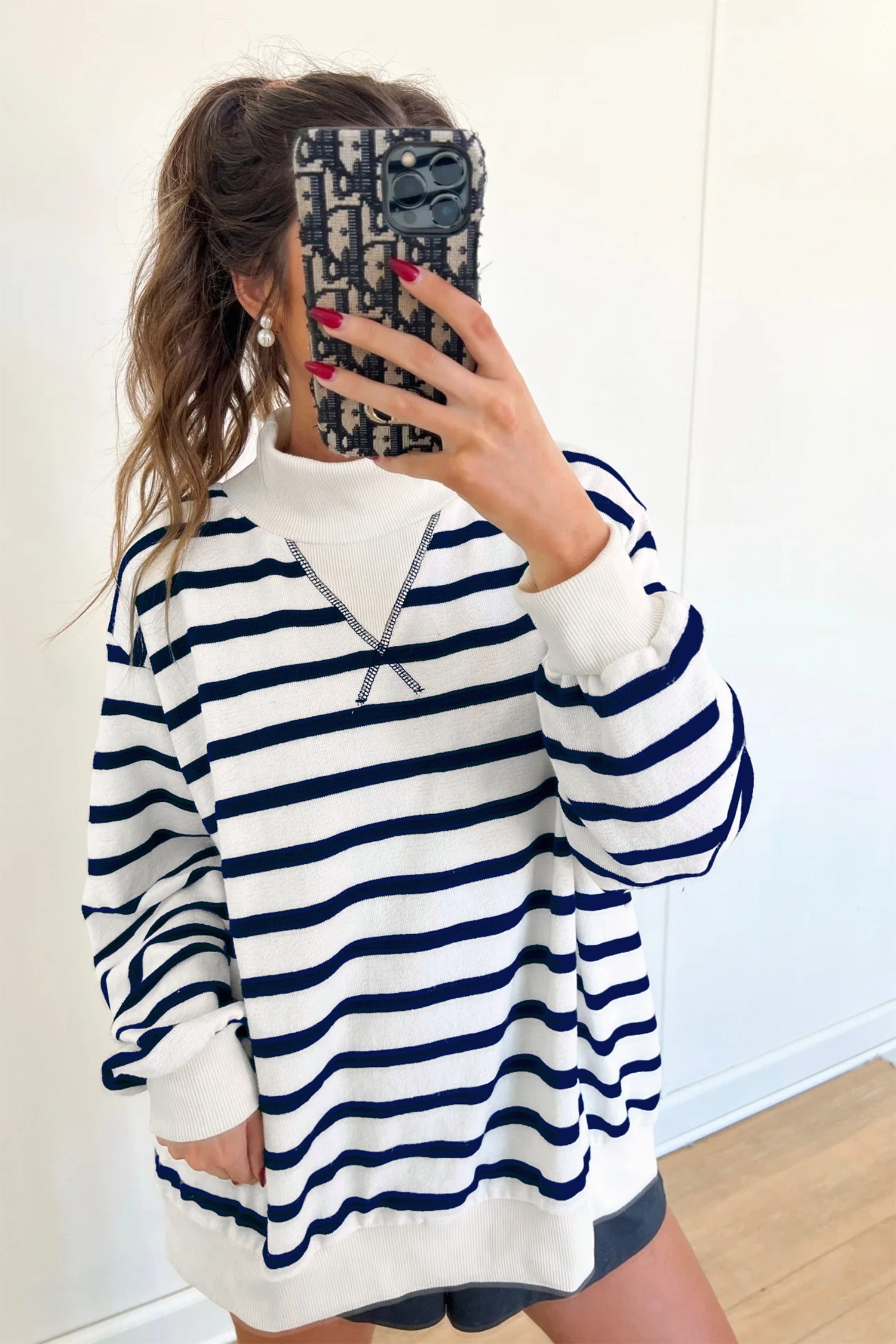 Blue Stripe Striped Stand Neck Long Sleeve Ribbed Cuff Hem Sweatshirt