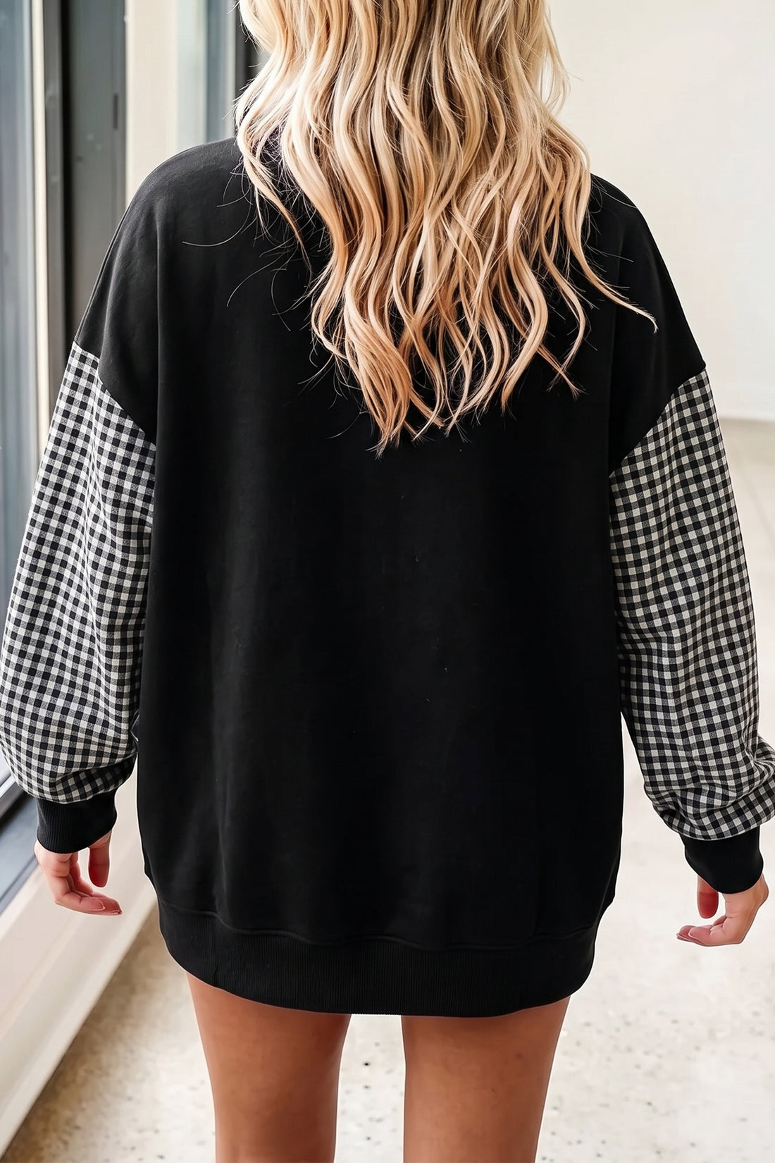 Black Contrast Plaid Sleeve SPOOKY Letter Graphic Halloween Pullover Sweatshirt