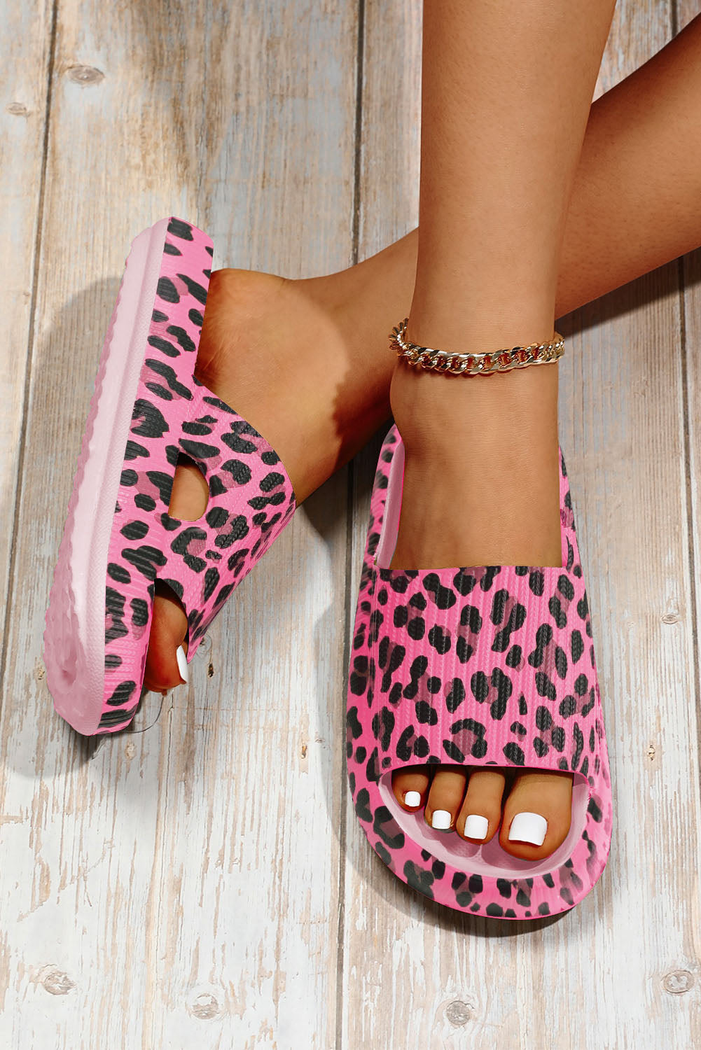 Rose Leopard Print Thick Sole Slip On Slippers