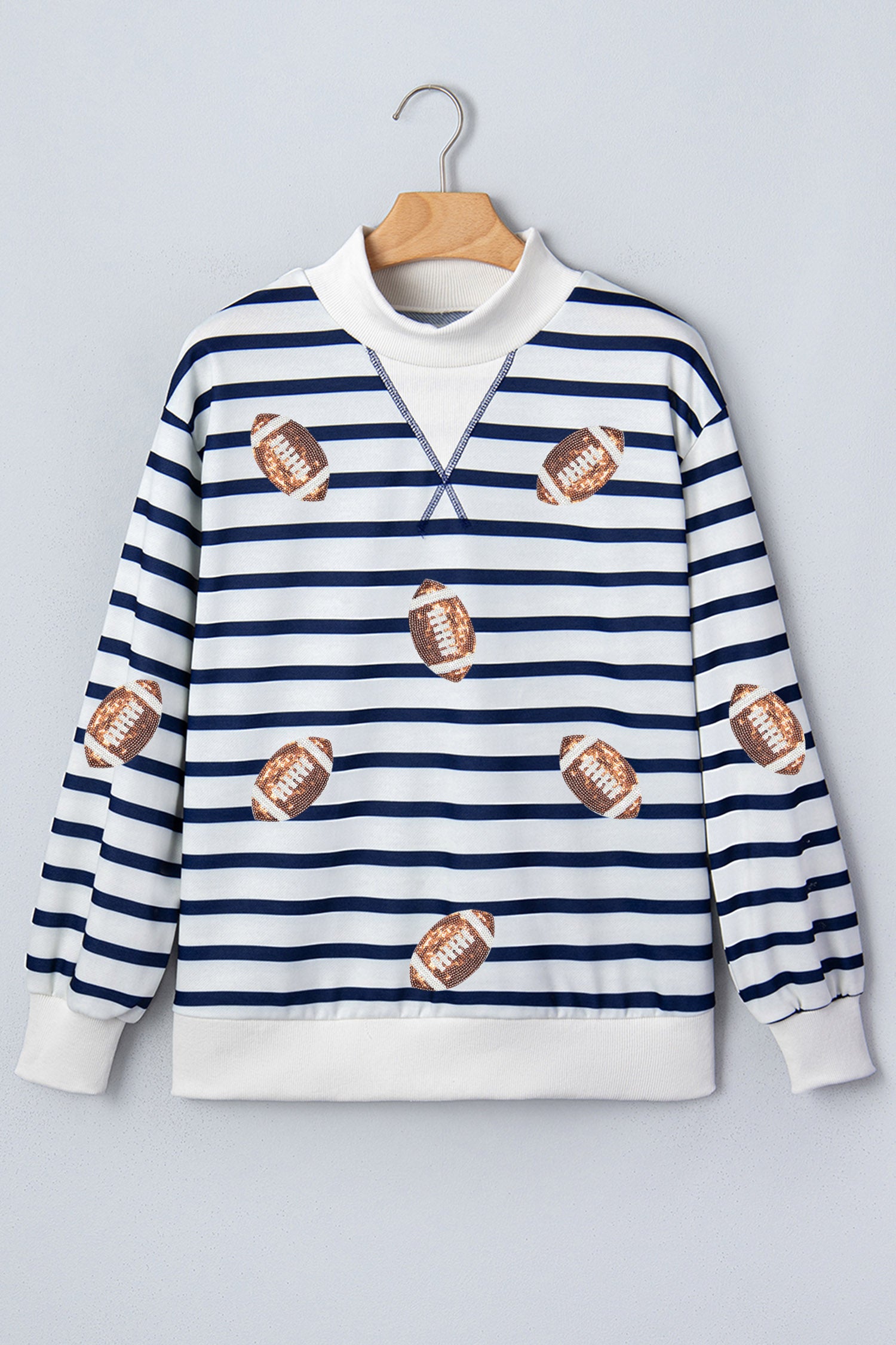Blue Stripe Sequin Rugby Print Mock Neck Casual Sweatshirt