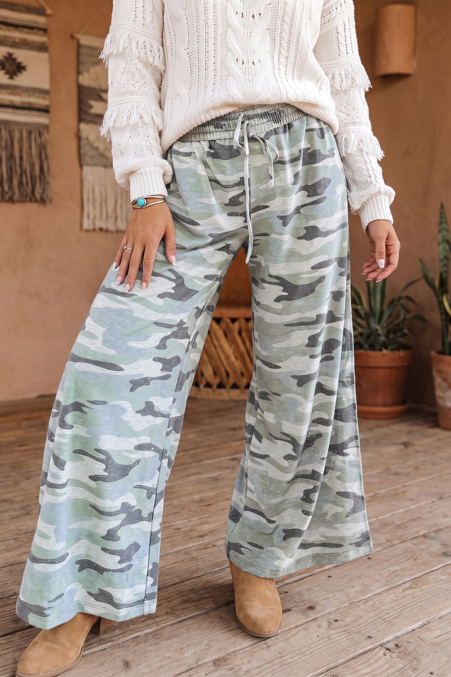Green Camo Wide Leg Tie Elastic Waist Casual Pants