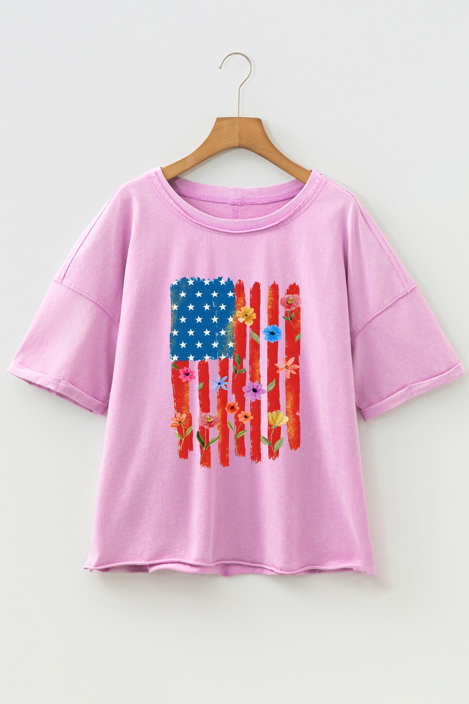 Lavendula Floral American Flag Printed Raw Edge Cotton Tee