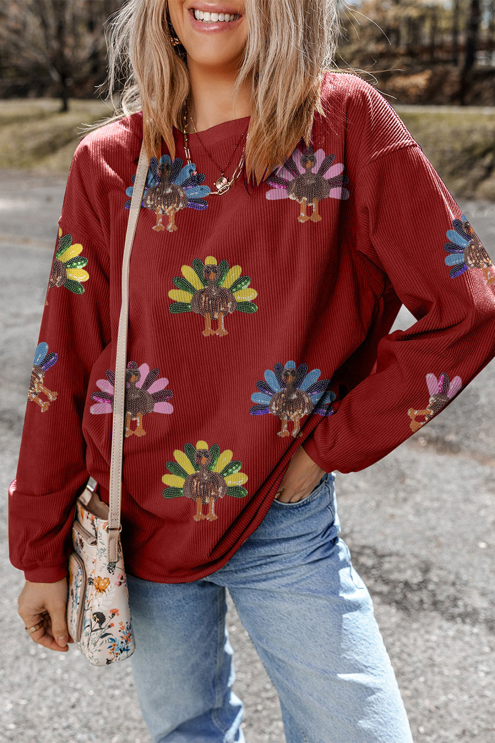 Racing Red Turkey Graphic Corded Baggy Sweatshirt
