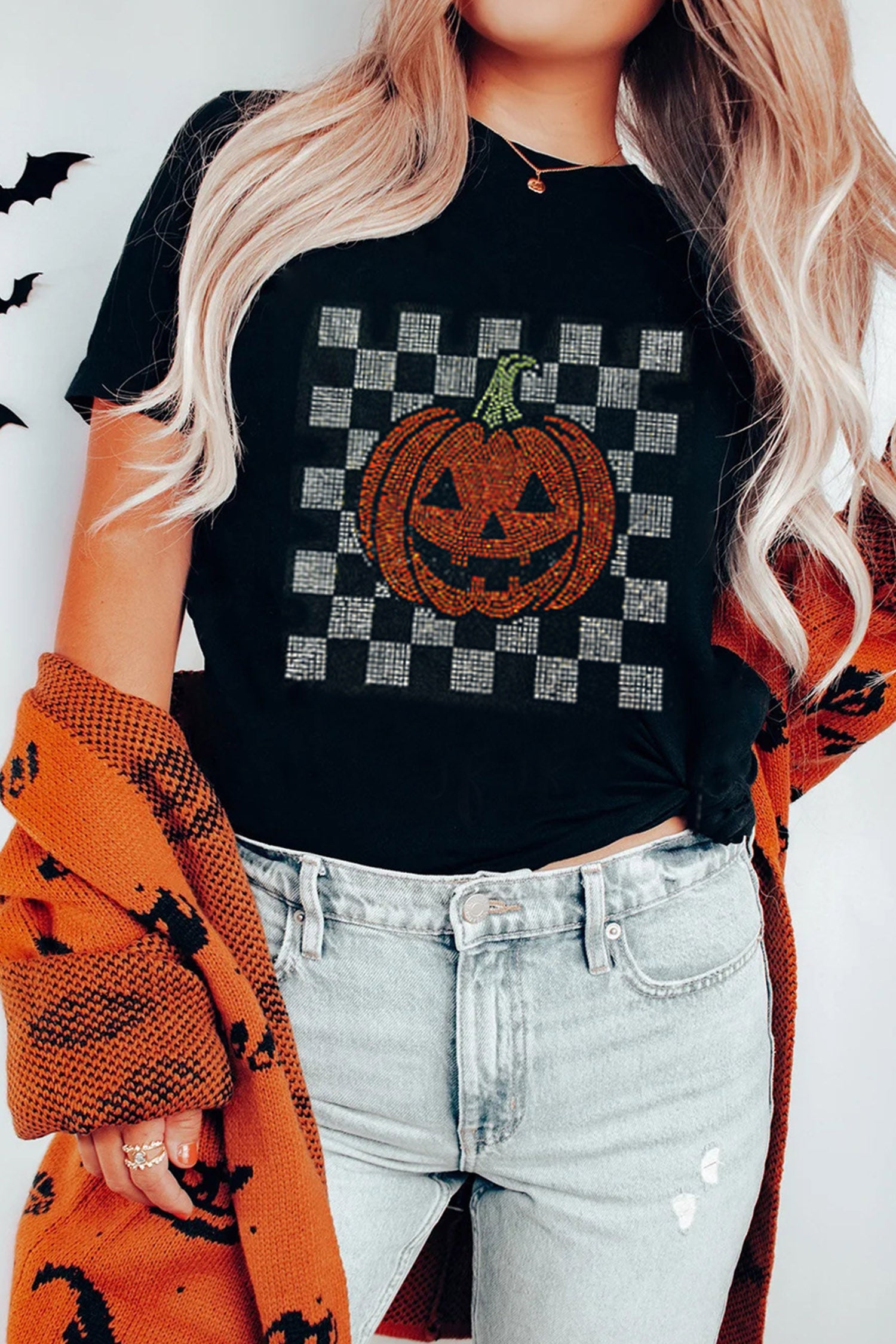 Black Rhinestone Pumpkin Halloween Graphic T-Shirt