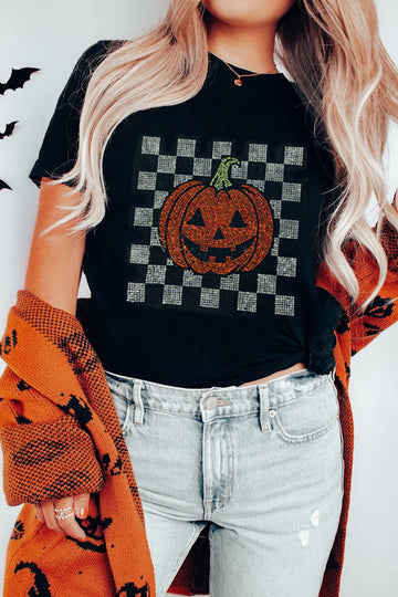 Black Rhinestone Pumpkin Halloween Graphic T-Shirt