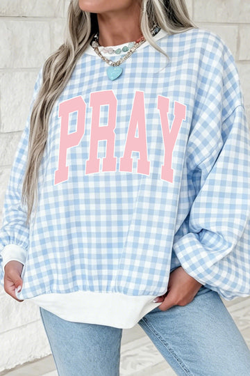 Light Blue PRAY Slogan Graphic Pullover Sweatshirt