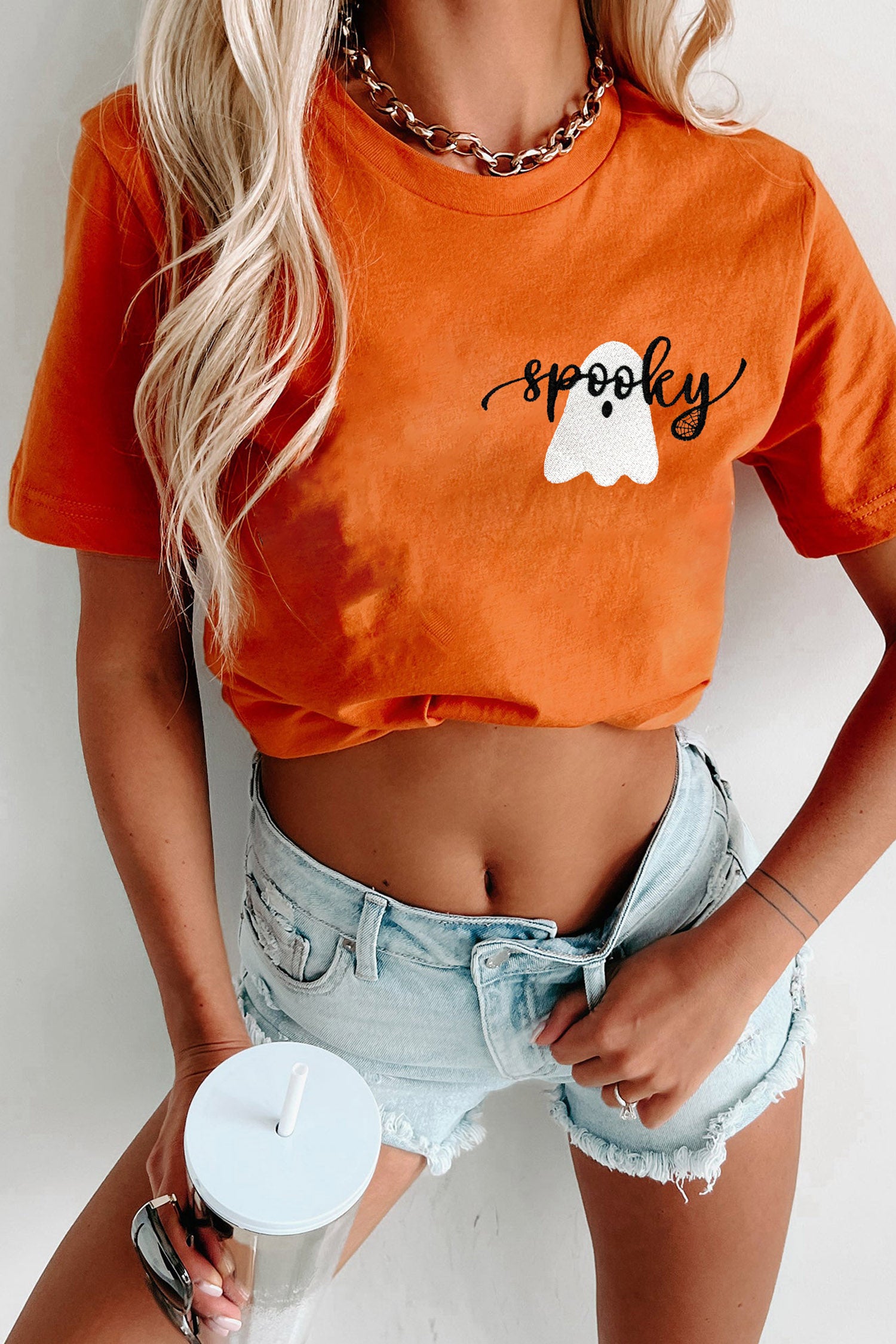 Orange Embroidered Spooky Ghost Graphic Halloween T-Shirt