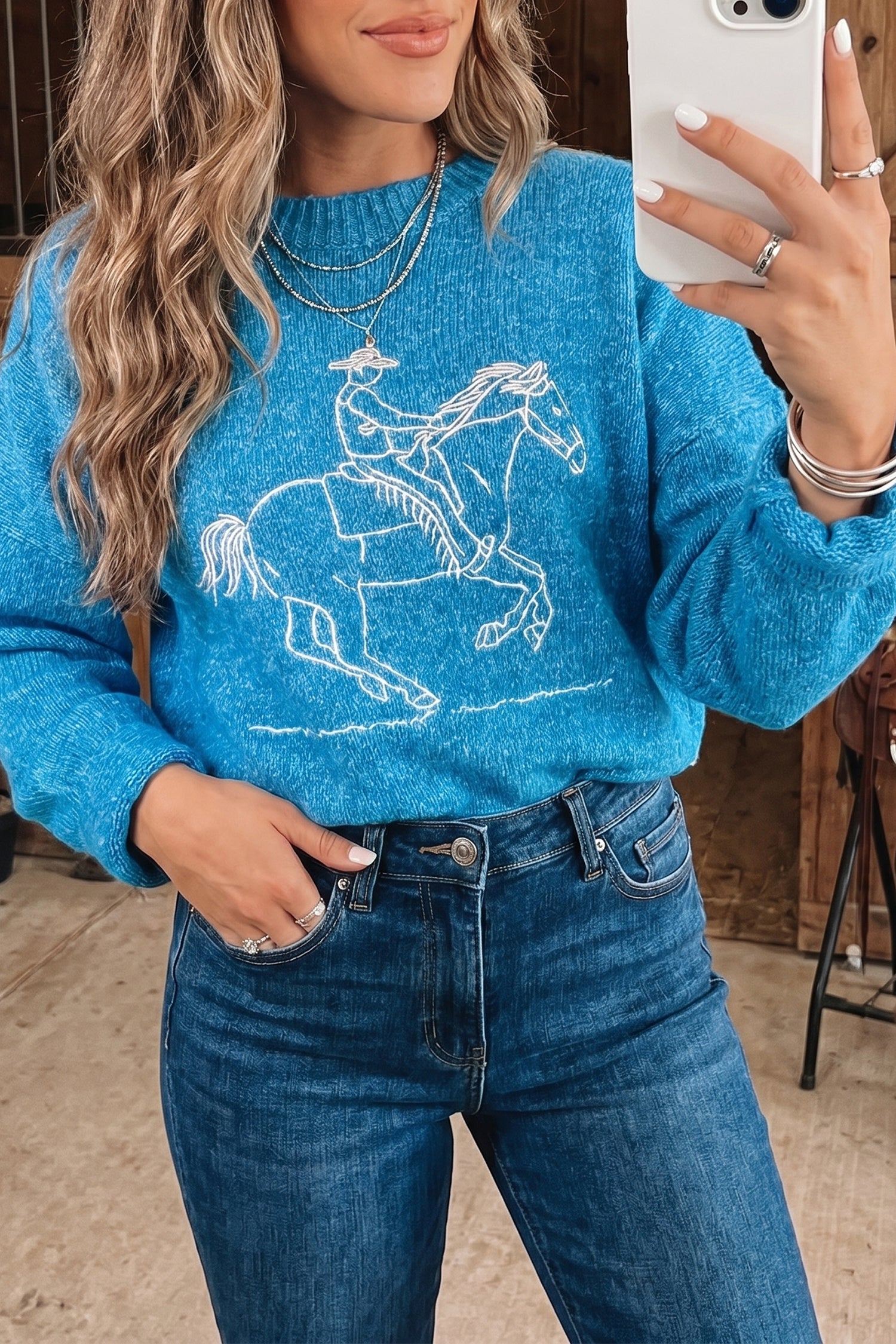 Sky Blue Western Embroidery Drop Shoulder Pullover Sweater