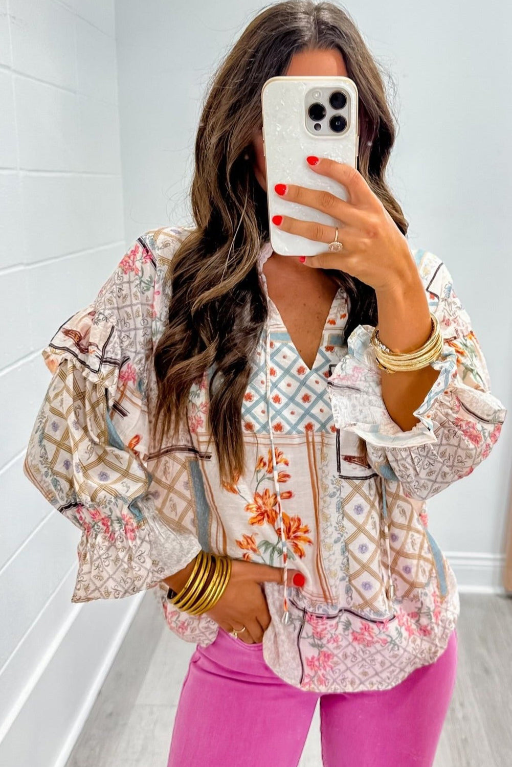 Multicolour Boho Floral Patched Ruffled Sleeve Tied Neck Blouse