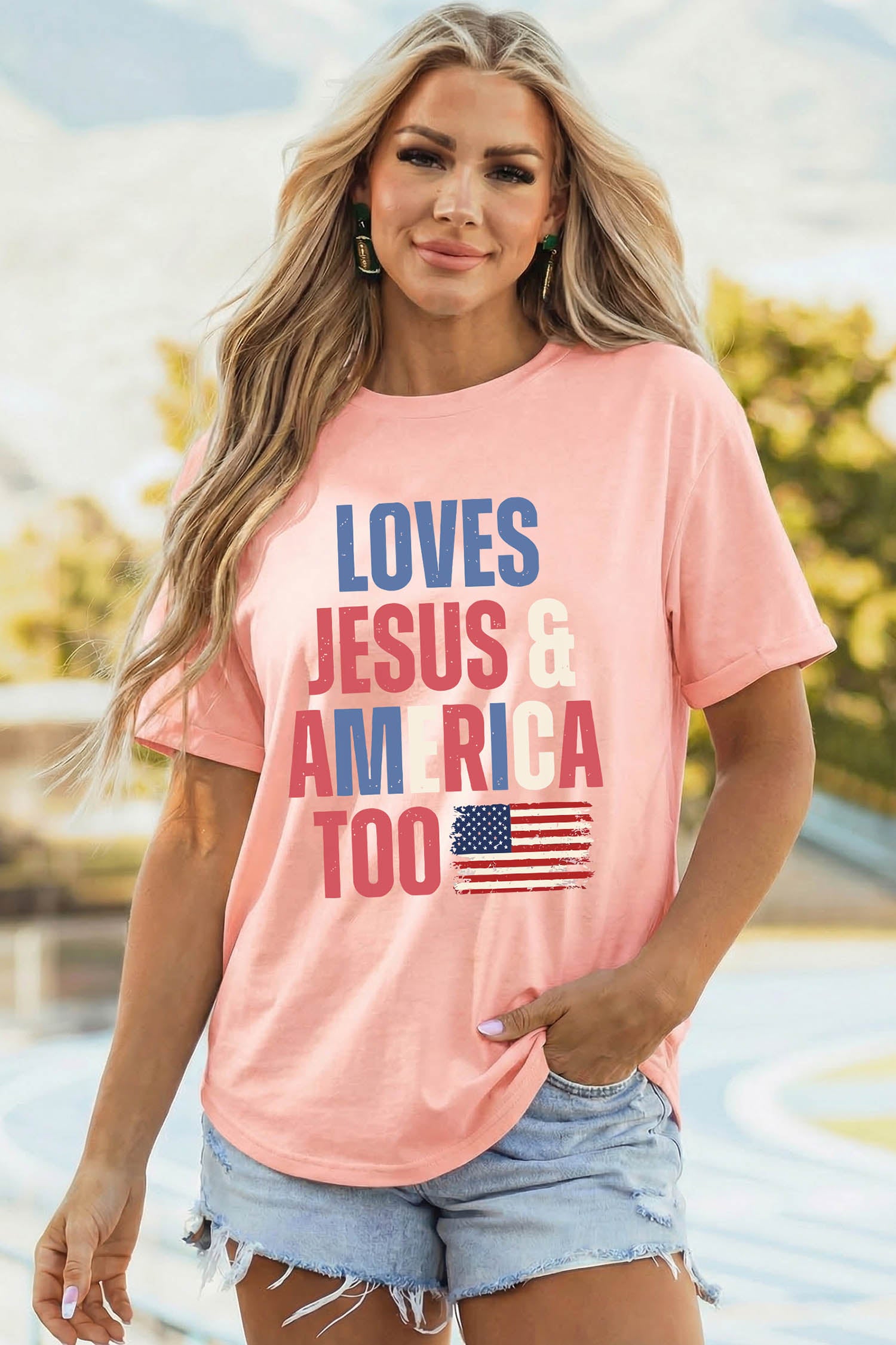 Pink LOVES JESUS & AMERICA TOO Patriotic Flag Graphic Tee