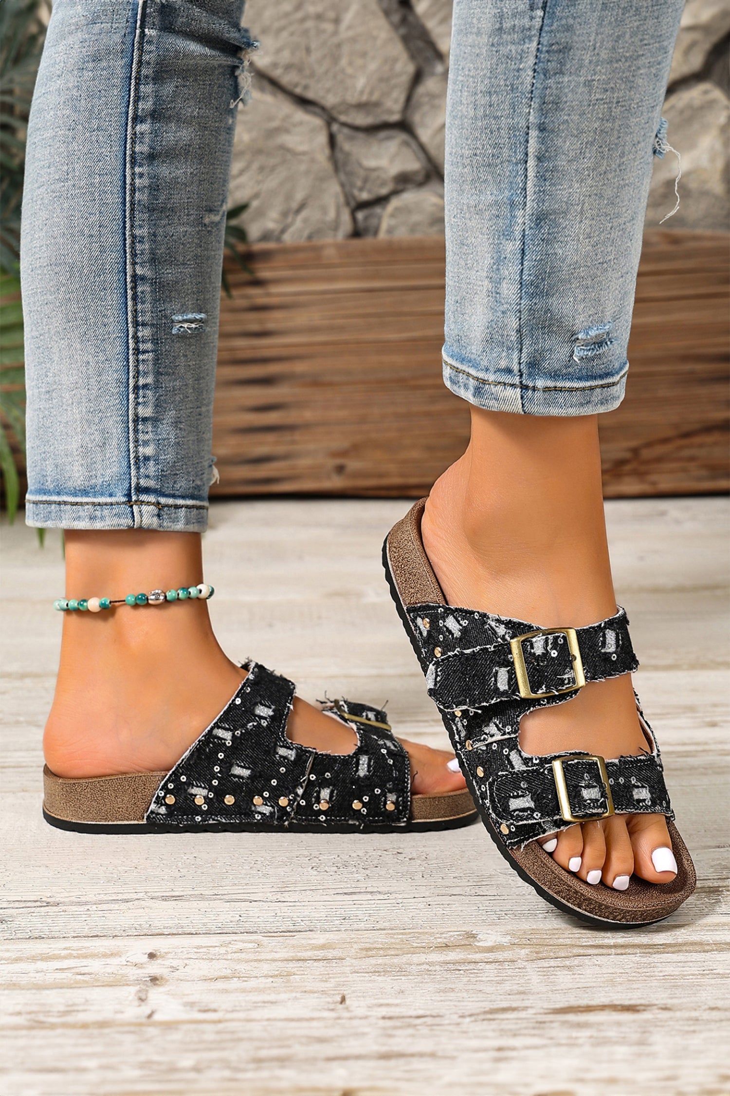 Black white Leopard Two-tone Retro Buckle Straps Hollowed Faux Suede Slippers