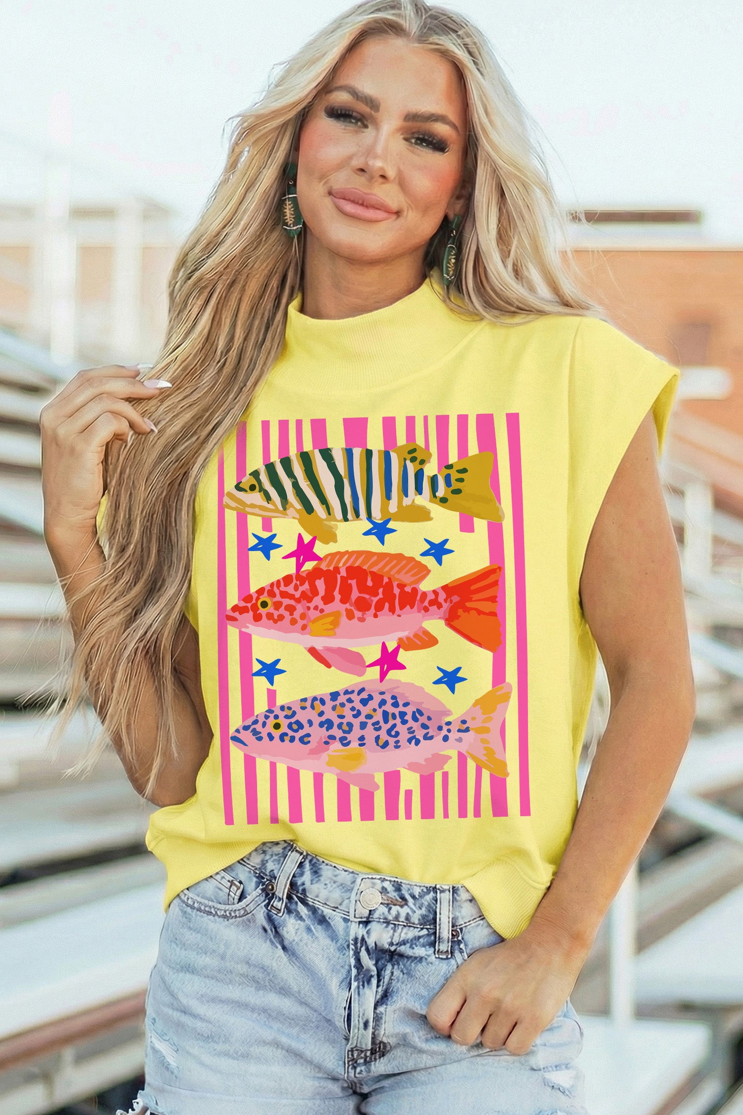 Yellow Vibrant Fishes Striped Pattern High Neck Short Sleeve Top
