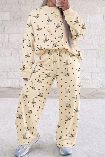Beige Polka Dot Mallard Print Crewneck Pullover Two Piece Pants Set