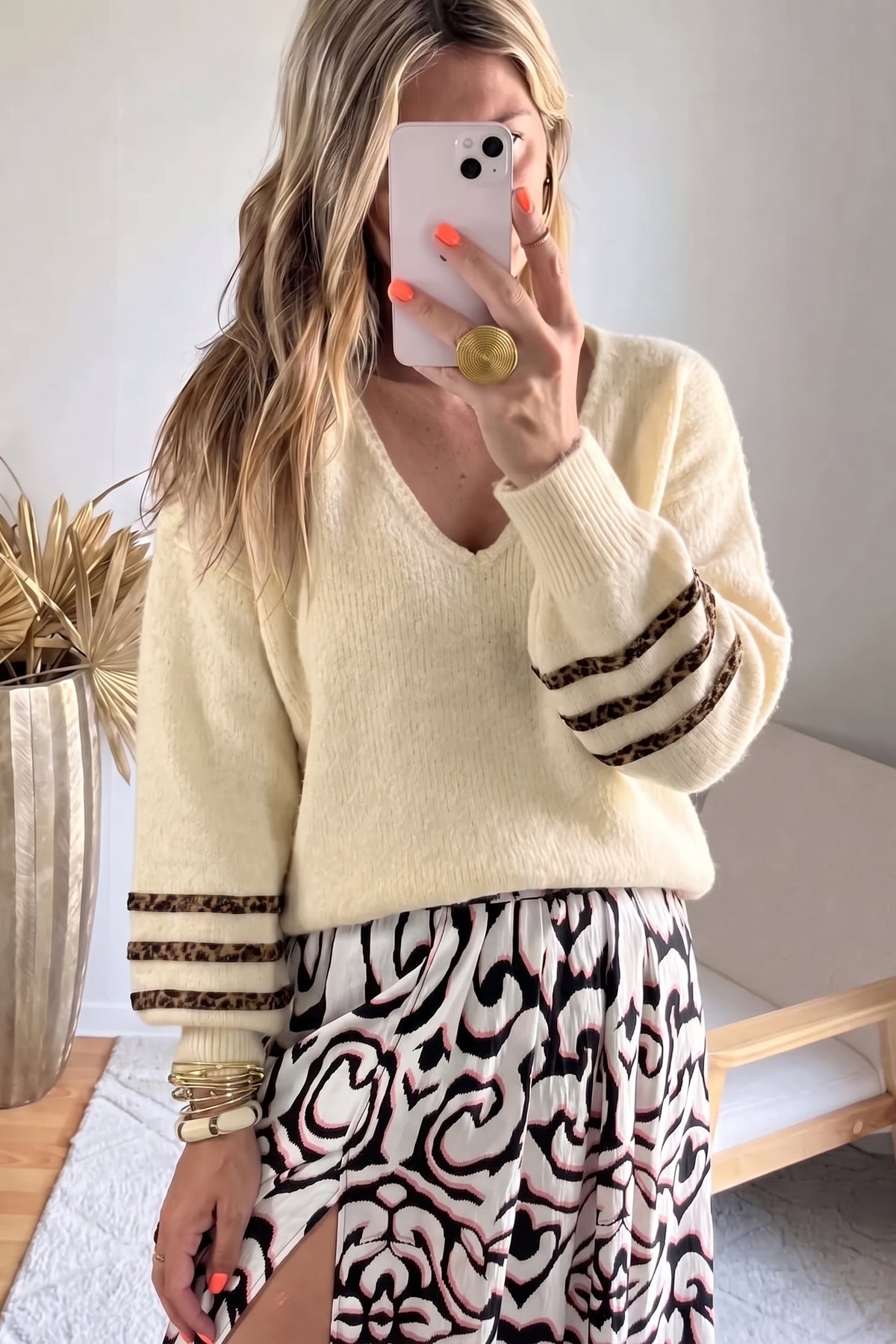 Beige V Neck Leopard Striped Detail Long Sleeve Casual Sweater