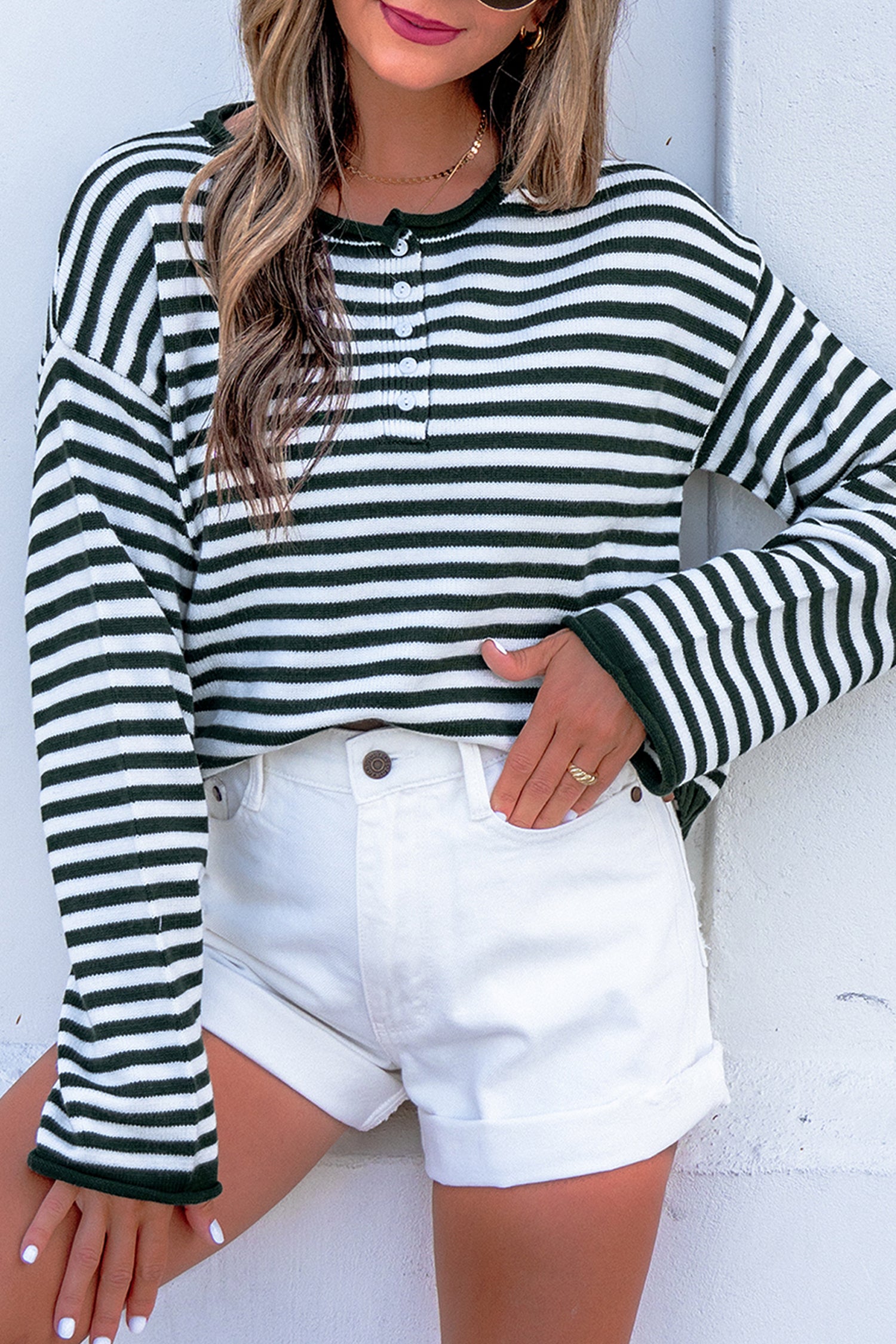 Green Stripe Striped Button Placket Drop Shoulder Long Sleeve Sweater