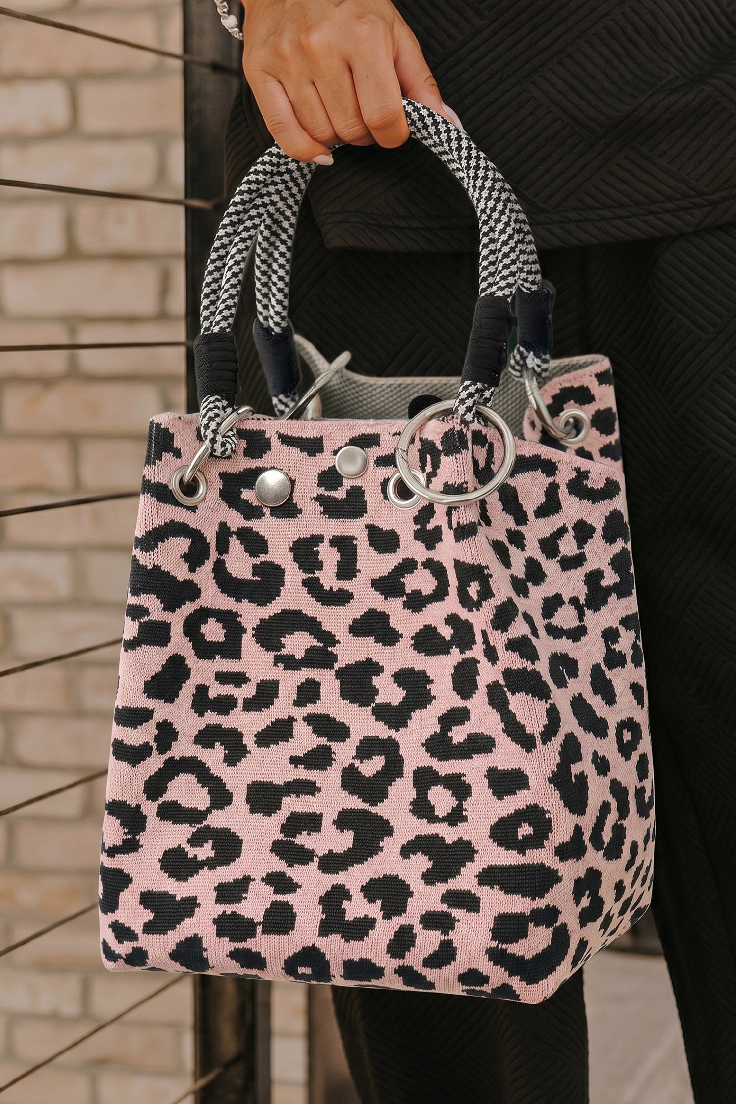 Pink Leopard Print Polyester Woven Thick Handle Tote Bag