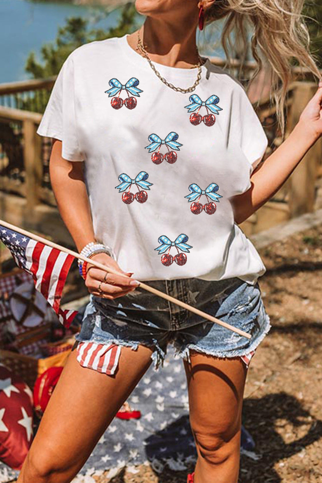 White Coquette Patriotic Cherries Sequin Graphic Tee