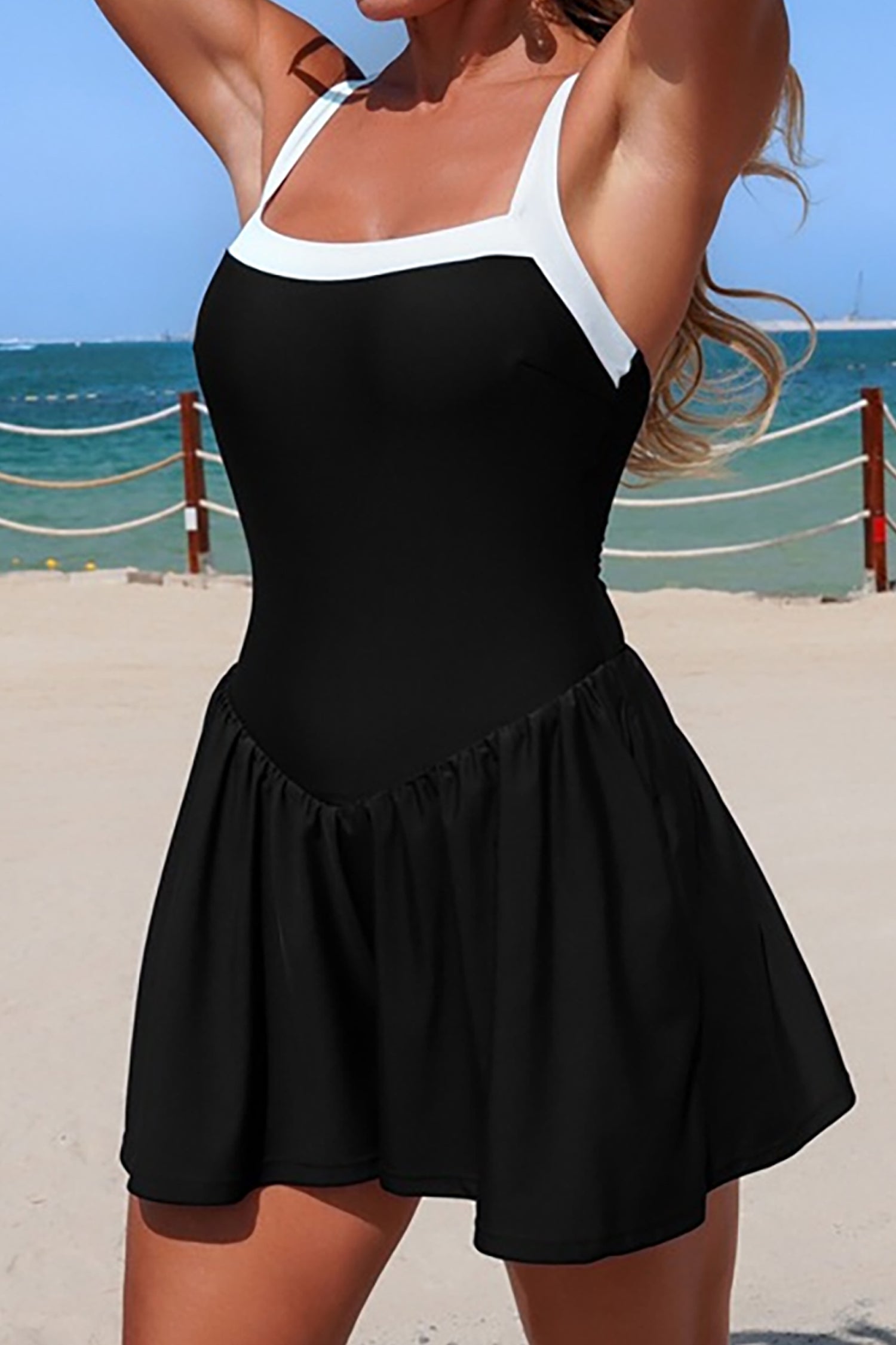 Black Contrast Trim Adjustable Straps Lace-up One Piece Swimsuit