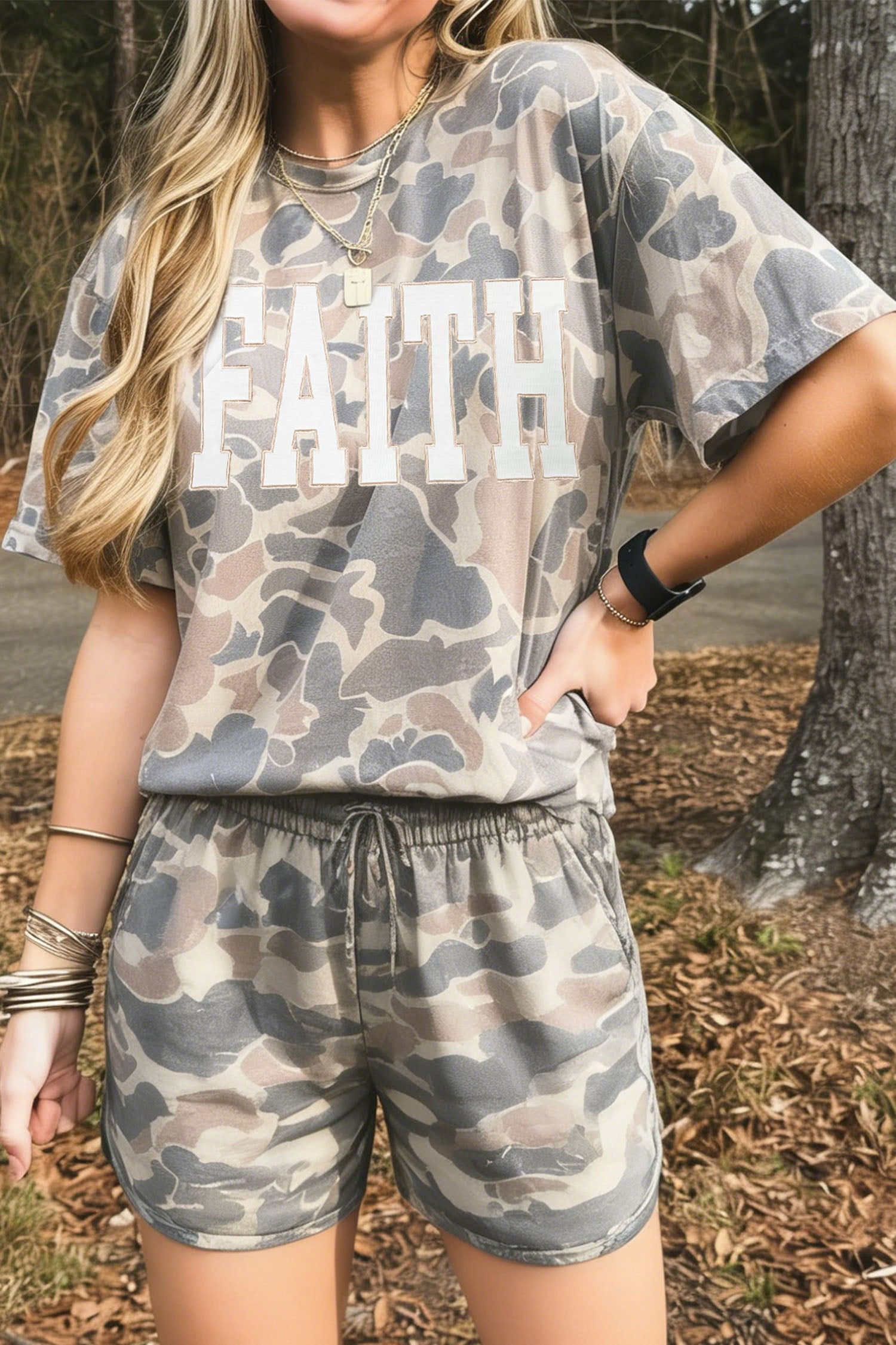 Multicolour FAITH Letter Print Relaxed Tee Camouflage 2pcs Short Set