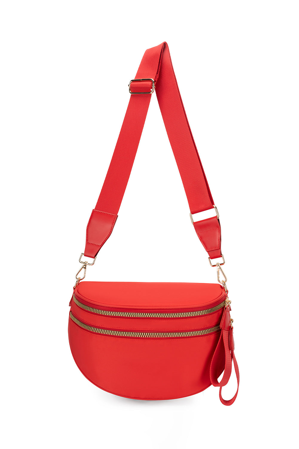 Fiery Red Double Zip Crescent Shape Adjustable Sling Bag
