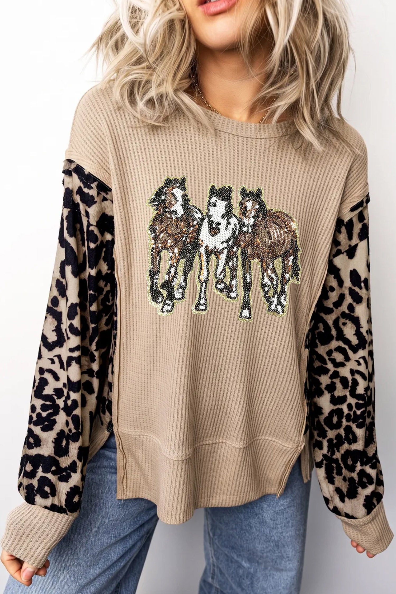 Gray Morn Sequined Western Horse Graphic Leopard Sleeve Patchwork Waffle Knit Top