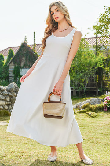 White Sleeveless Scoop Neck Flared Split Midi Dress