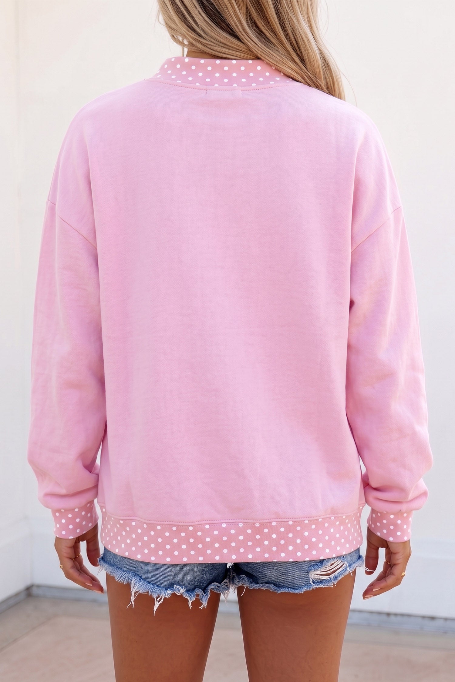 Pink Polka Dot Letter Print Mock Neck Pullover Sweatshirt