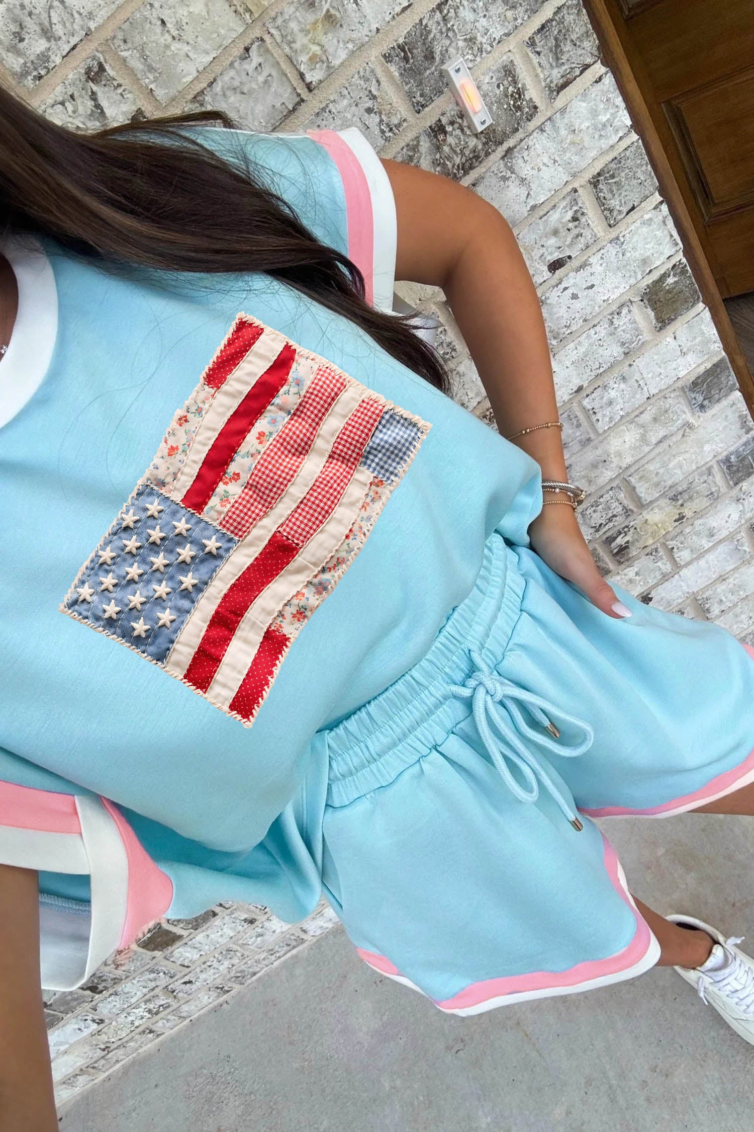 Mist Blue Color Block Trim Mixed Flag Pattern Short Two Piece Set