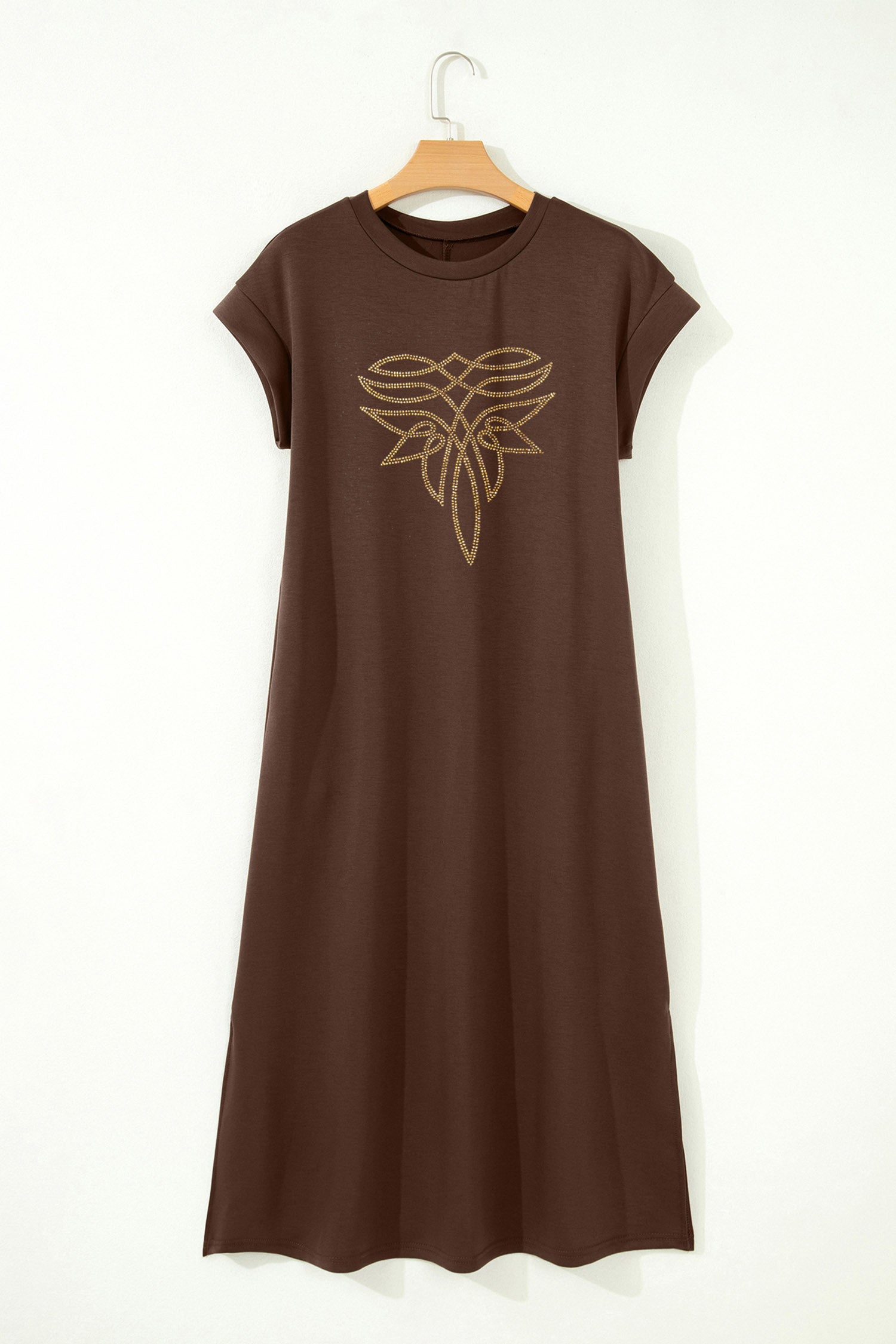 Red Sandalwood Rhinestone Western Graphic Side Slit Midi T-Shirt Dress