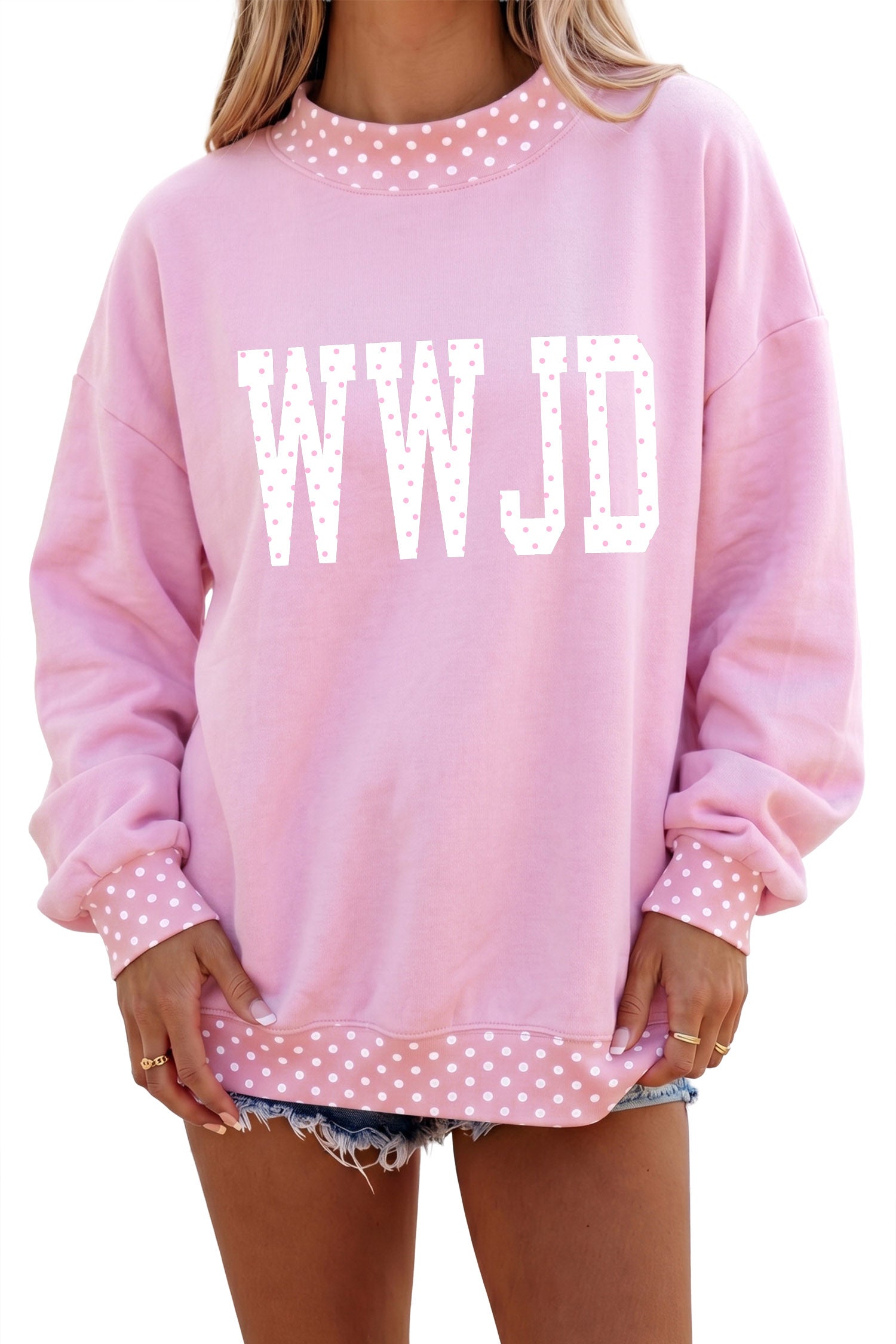 Pink Polka Dot Letter Print Mock Neck Pullover Sweatshirt