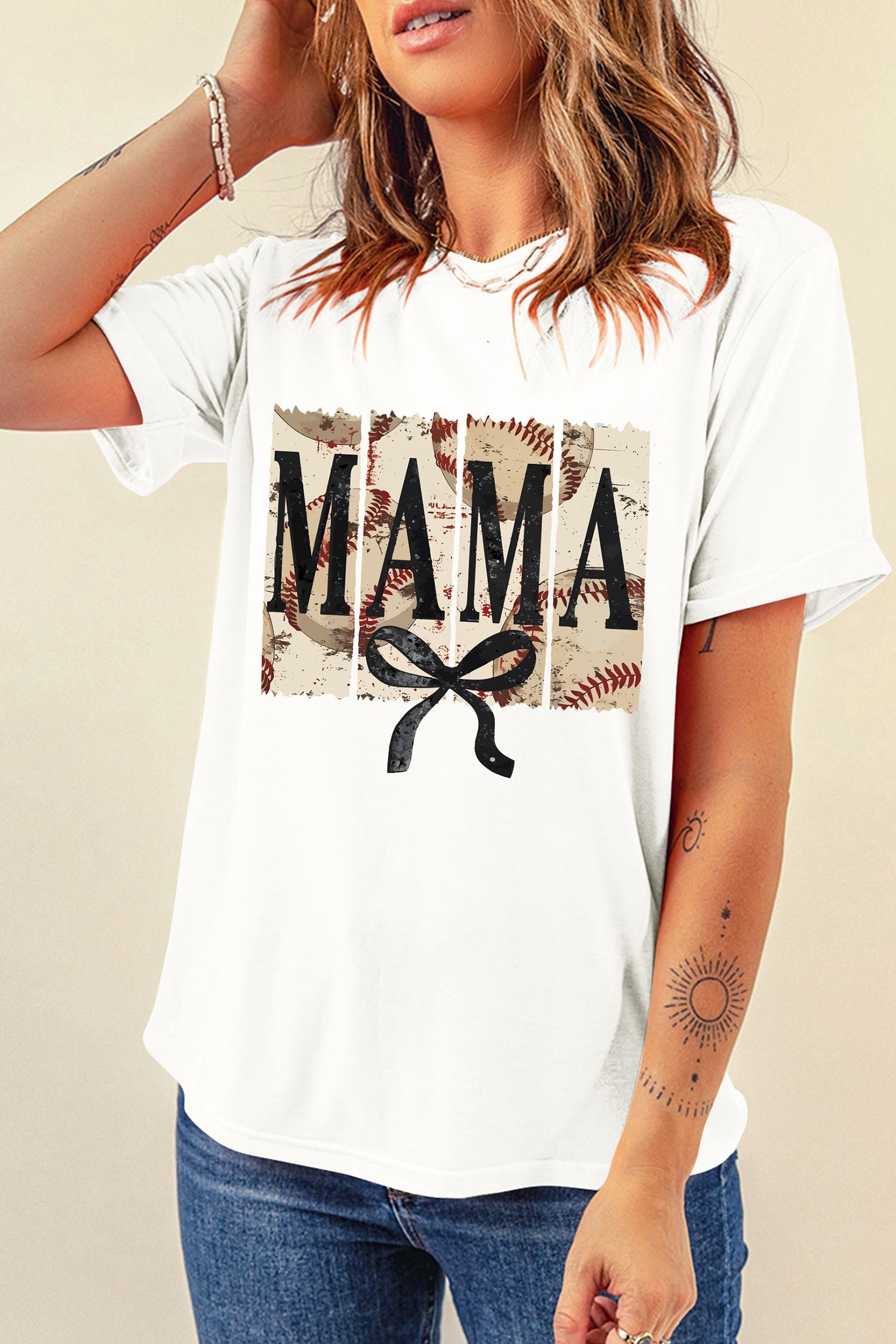 White MAMA Bow Retro Baseball Printed Tee