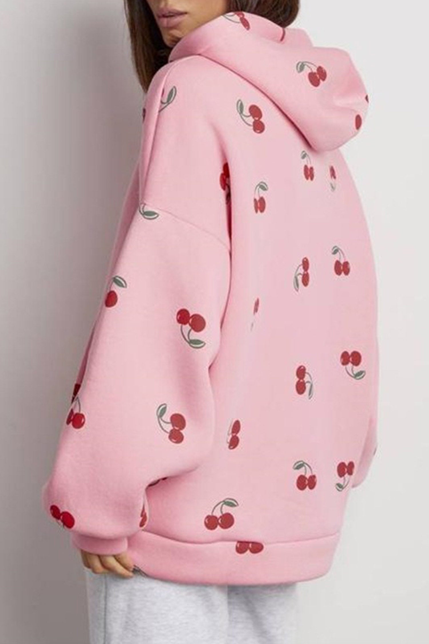 Pink Cherry Print Zip Up Pocketed Hoodie Jacket