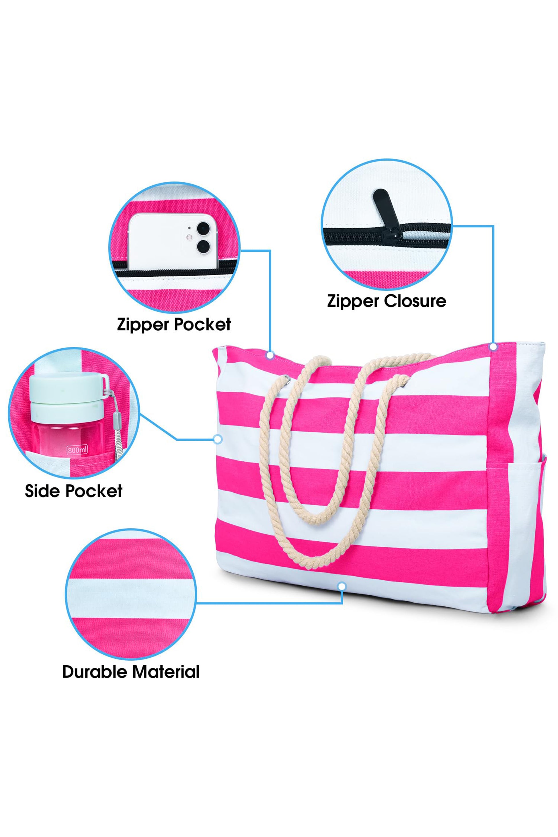 Rose Red Striped Waterproof Canvas Large Capacity Tote Bag