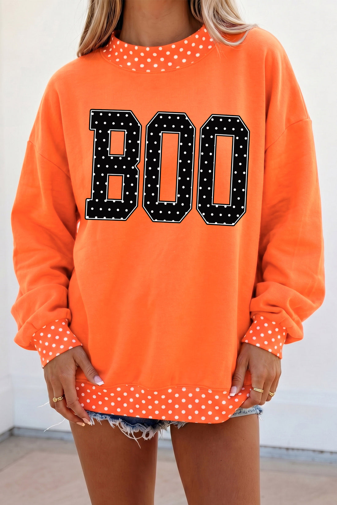 Orange Polka Dot Contrast Trim BOO Letter Print Baggy Graphic Sweatshirt