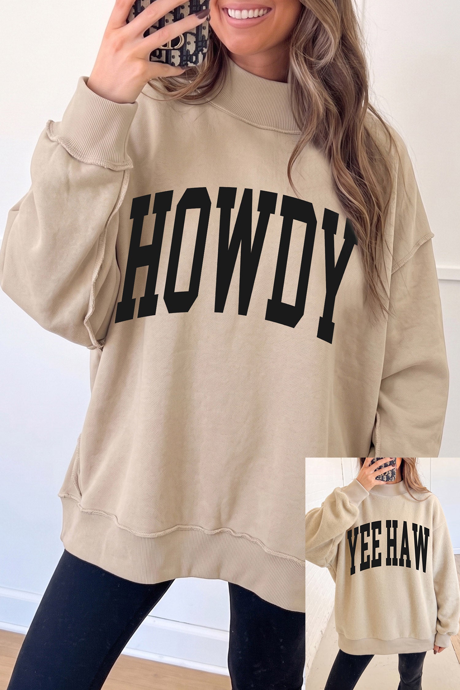 Apricot HOWDY/ YEEHAW Double Side Printed Mock Neck Western Reversible Sweatshirt