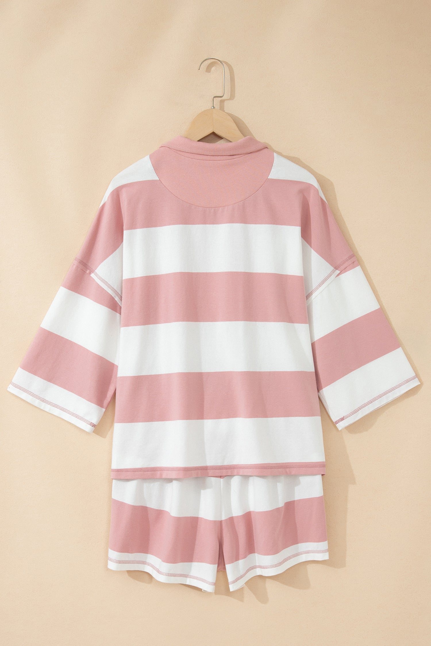 Pink Stripe Half Zip Bracelet Sleeve Top Casual Short Set
