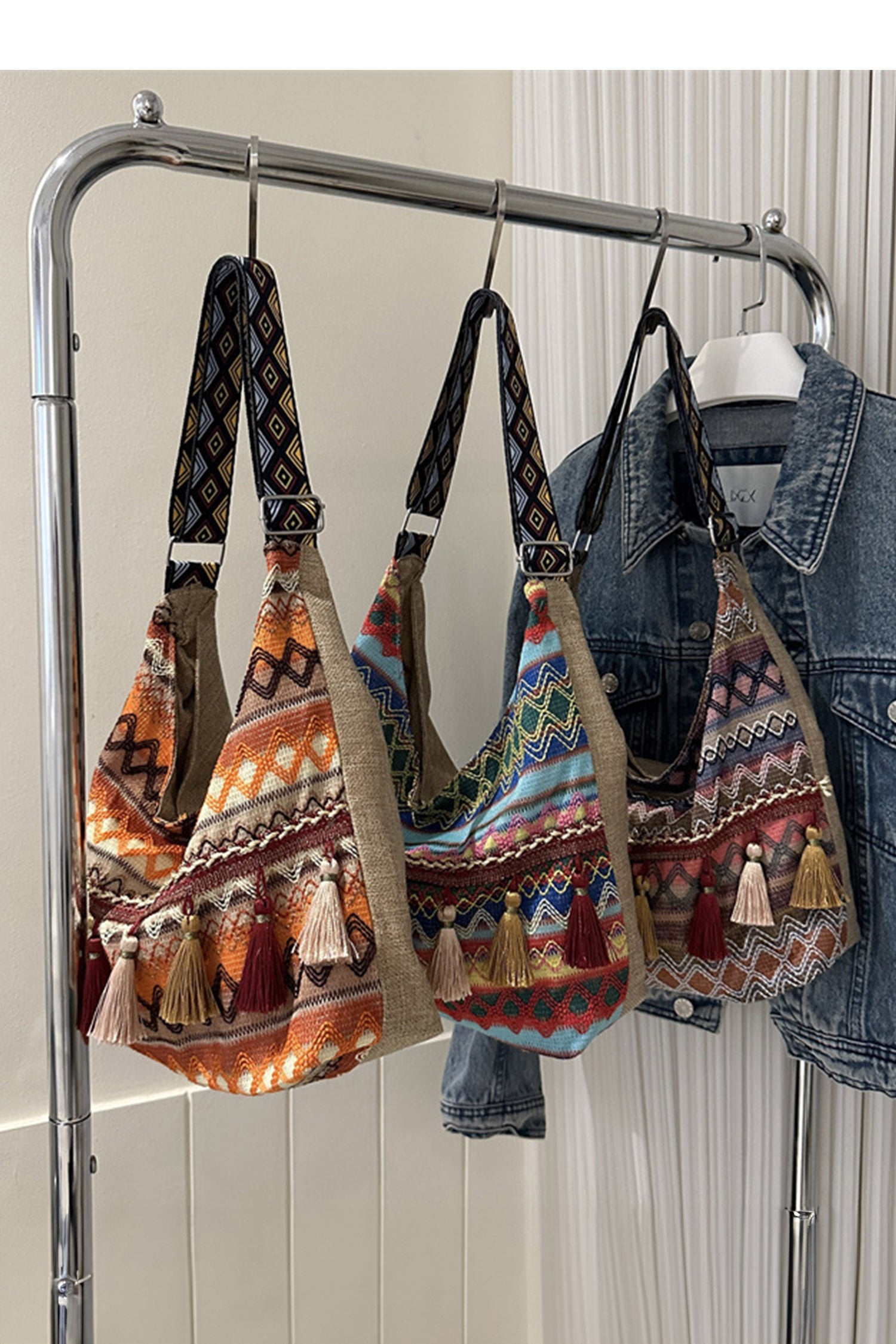 Beau Blue Boho Geometric Pattern Tassel Detail Canvas Tote Bag